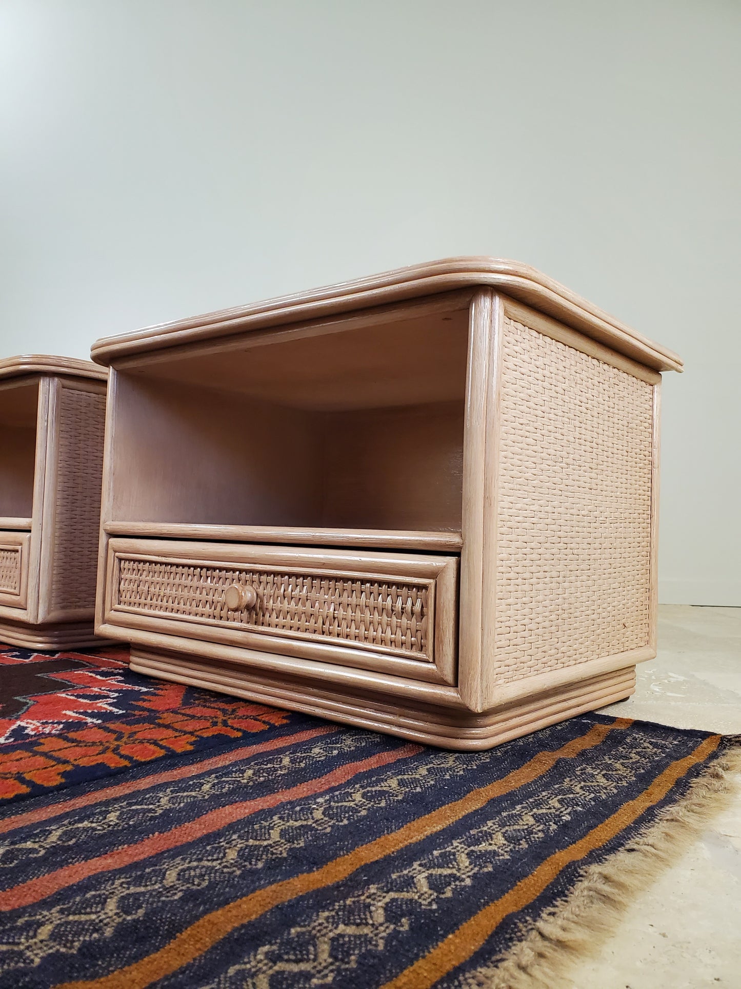 Split Reed Bamboo Coastal Low-Profile Oak Nightstands - Matching Pair