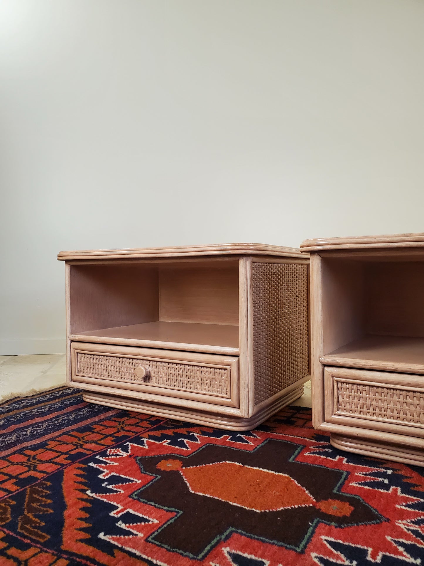 Split Reed Bamboo Coastal Low-Profile Oak Nightstands - Matching Pair