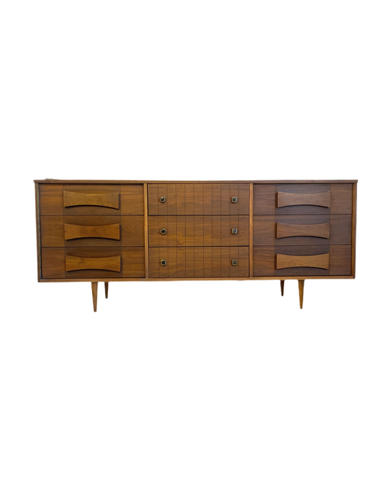 Mid Century Modern Dresser with Ceramic Brutalist pulls and Bow-Tie Handles