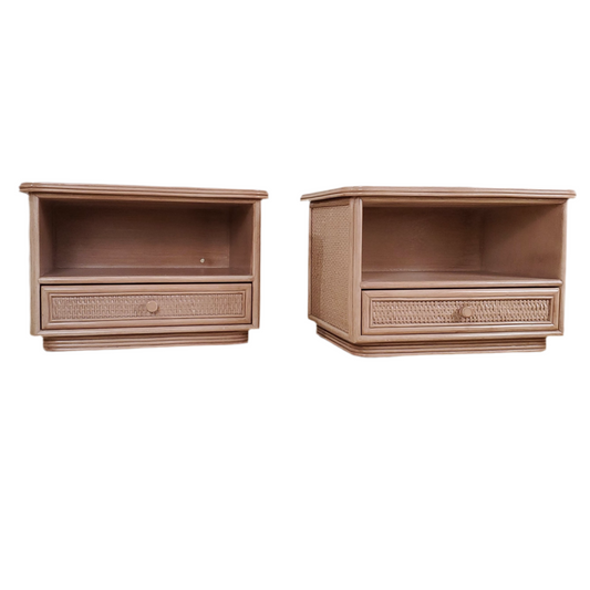 Split Reed Bamboo Coastal Low-Profile Oak Nightstands - Matching Pair