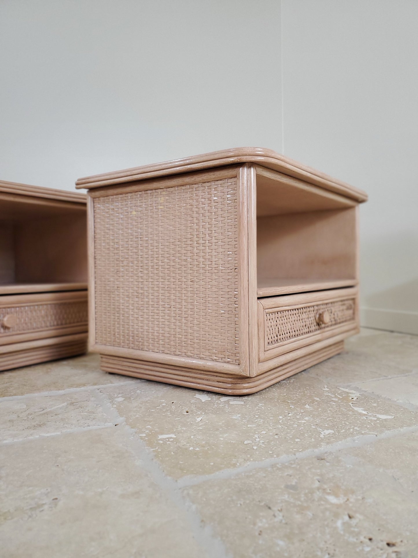 Split Reed Bamboo Coastal Low-Profile Oak Nightstands - Matching Pair