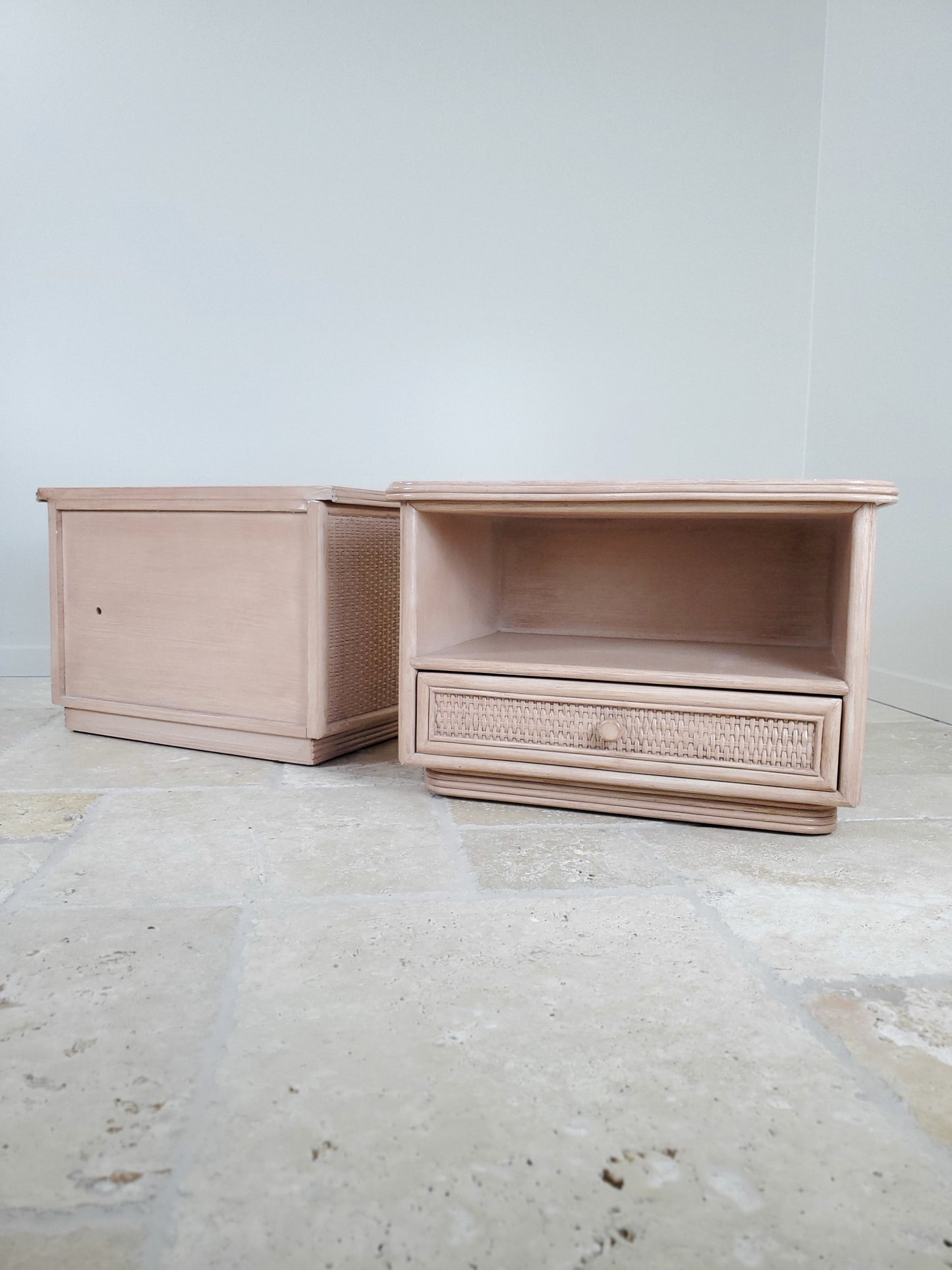 Split Reed Bamboo Coastal Low-Profile Oak Nightstands - Matching Pair