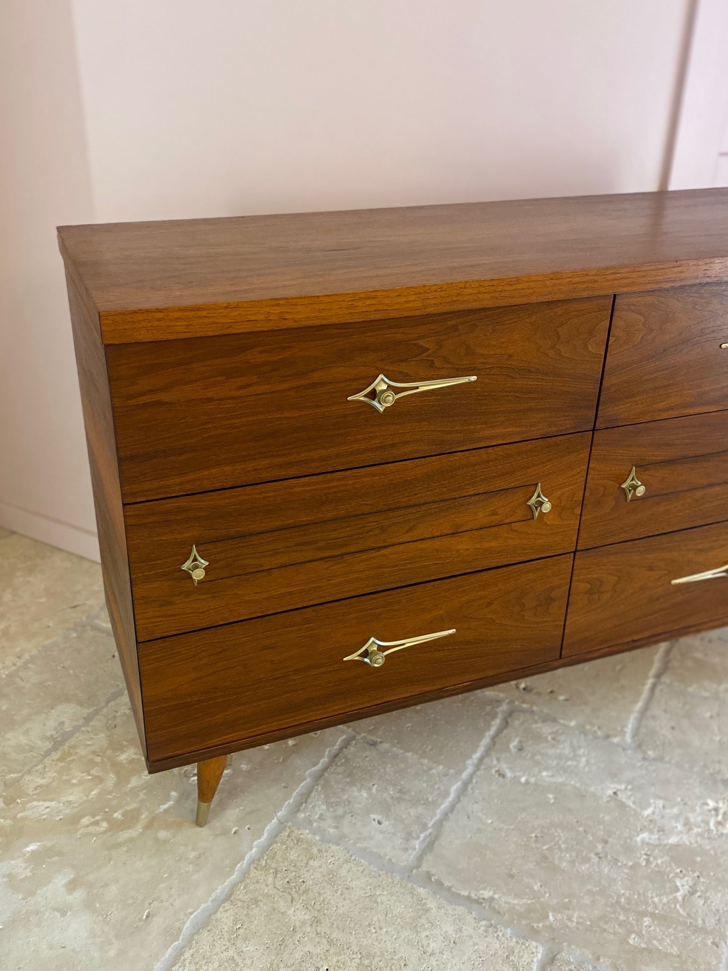 Mid Century Modern Walnut Dresser with Original Atomic Starburst Hardware