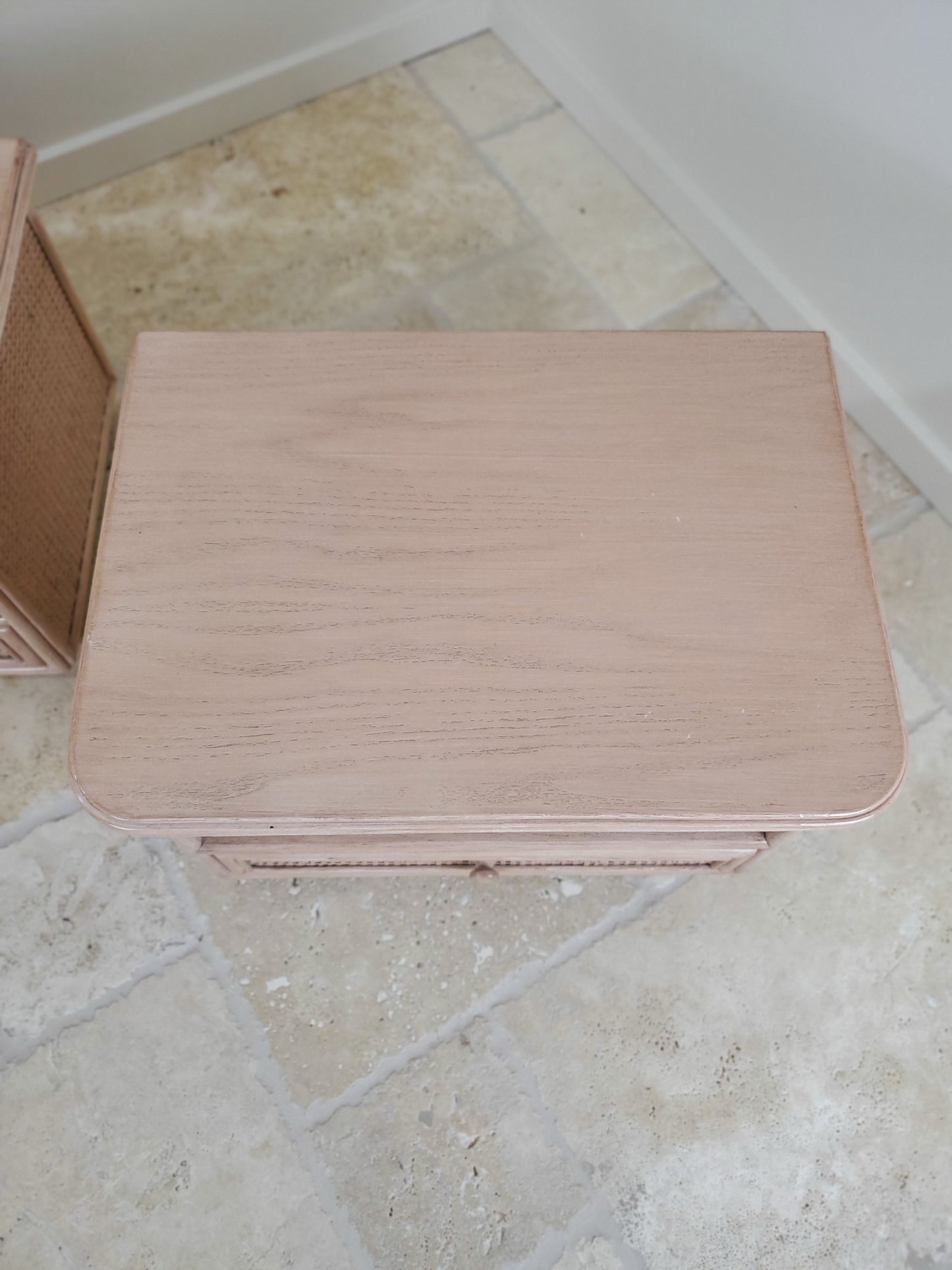 Split Reed Bamboo Coastal Low-Profile Oak Nightstands - Matching Pair