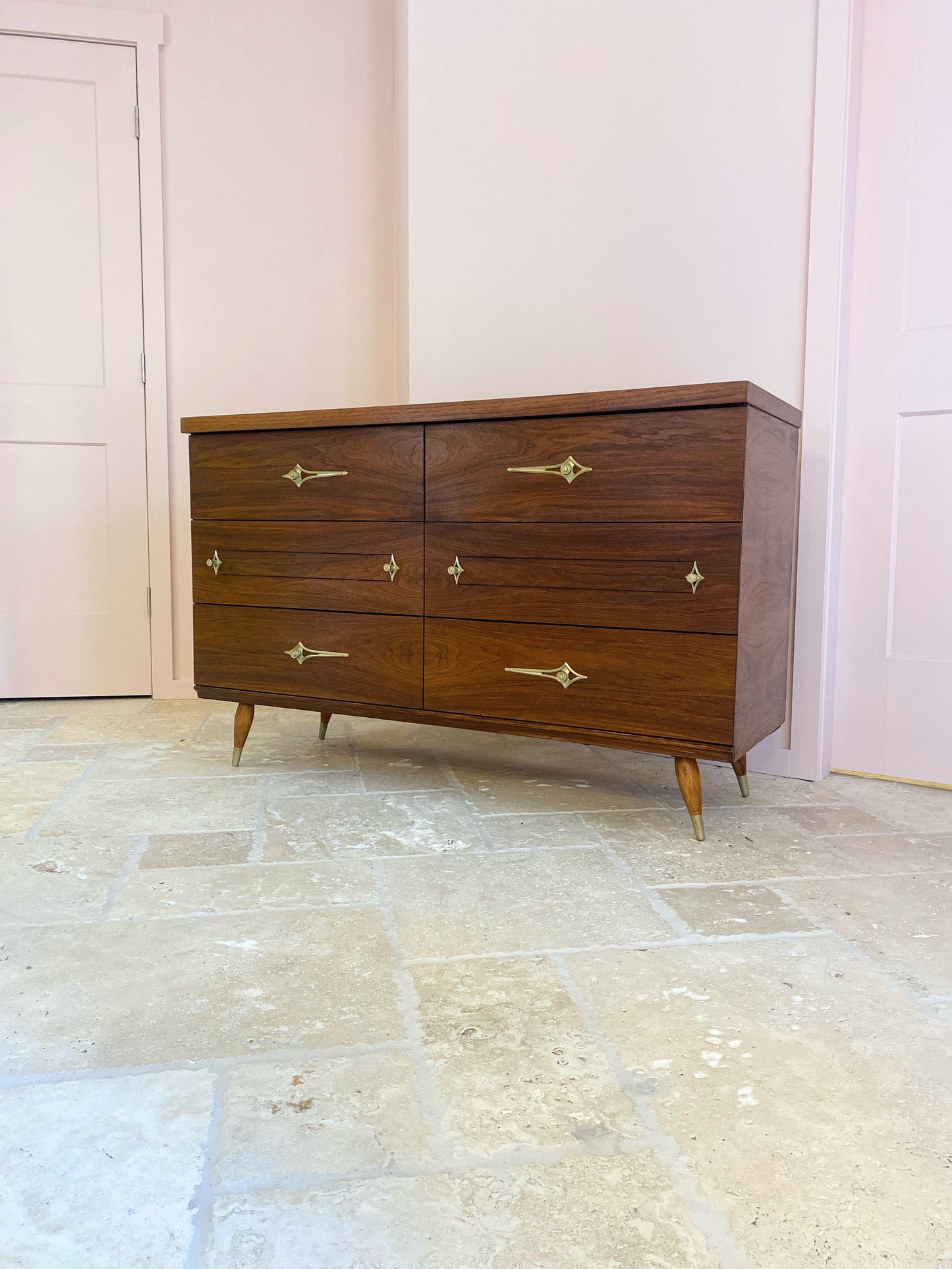 Mid Century Modern Walnut Dresser with Original Atomic Starburst Hardware