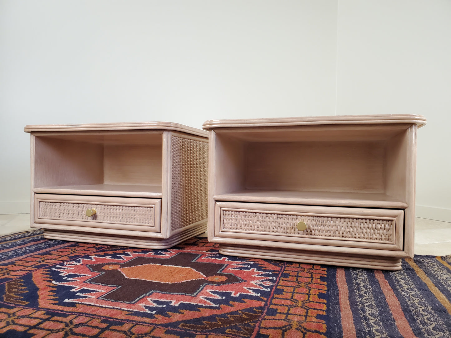 Split Reed Bamboo Coastal Low-Profile Oak Nightstands - Matching Pair