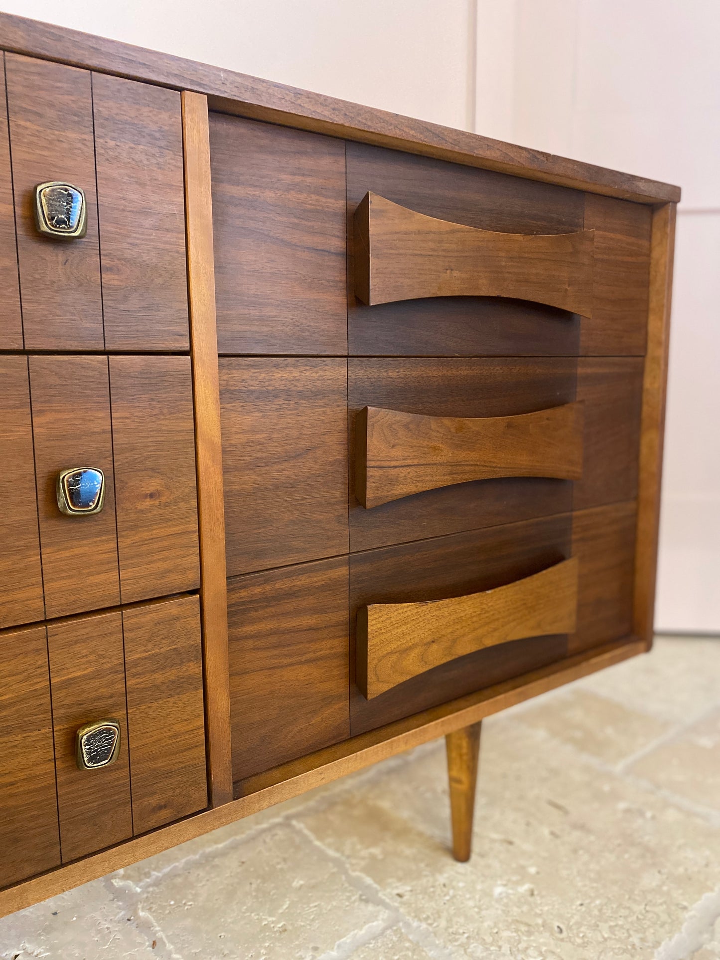 Mid Century Modern Dresser with Ceramic Brutalist pulls and Bow-Tie Handles