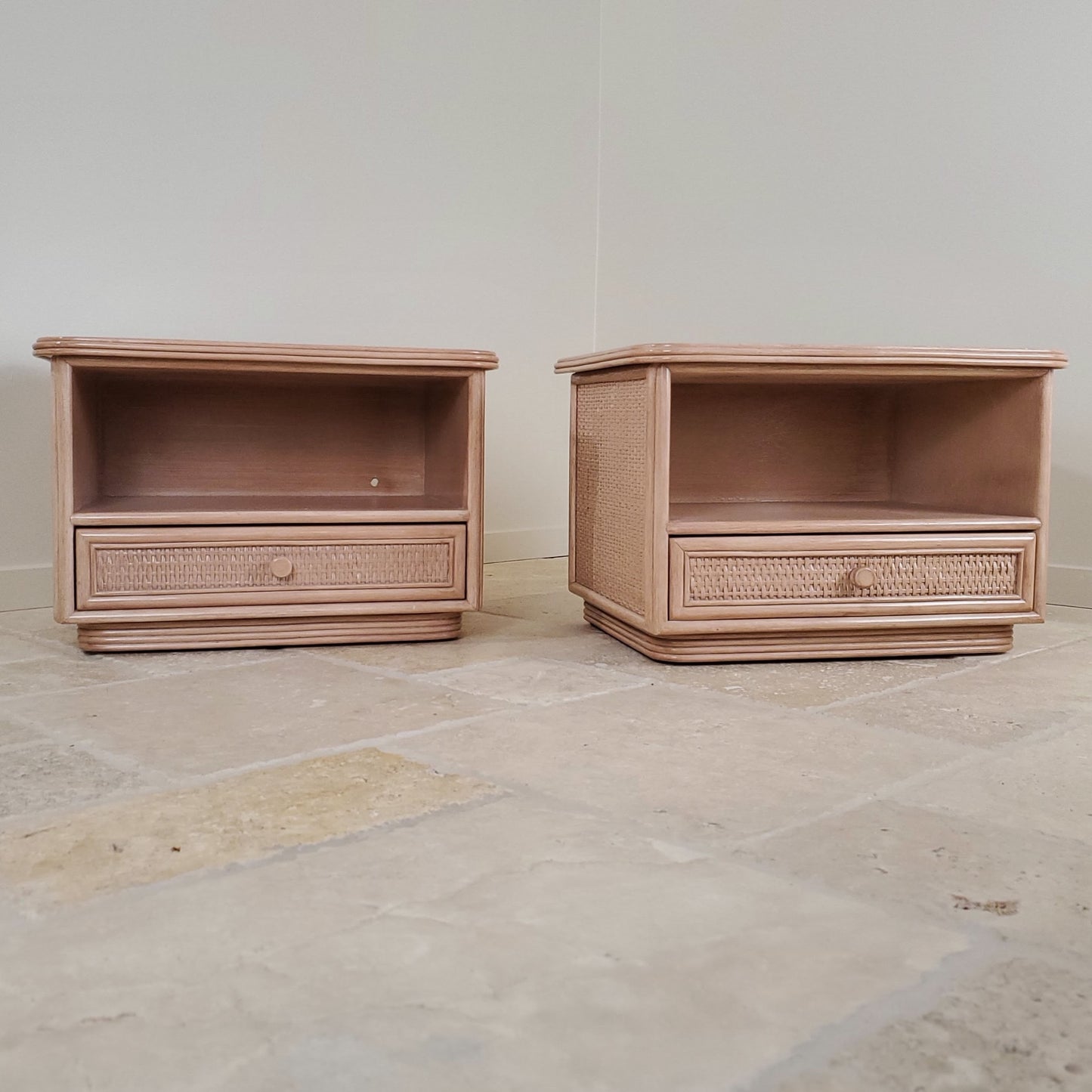 Split Reed Bamboo Coastal Low-Profile Oak Nightstands - Matching Pair