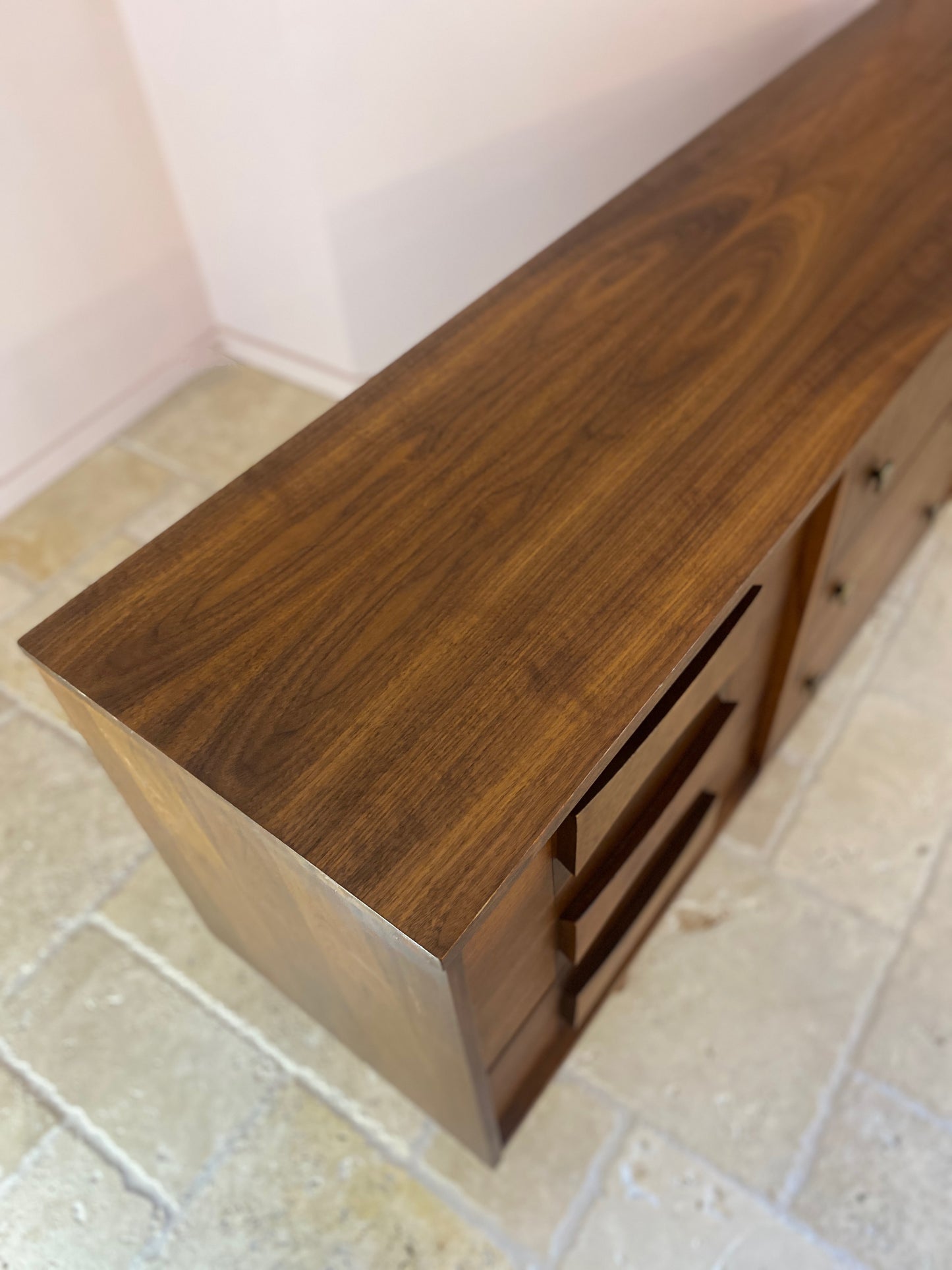 Mid Century Modern Dresser with Ceramic Brutalist pulls and Bow-Tie Handles