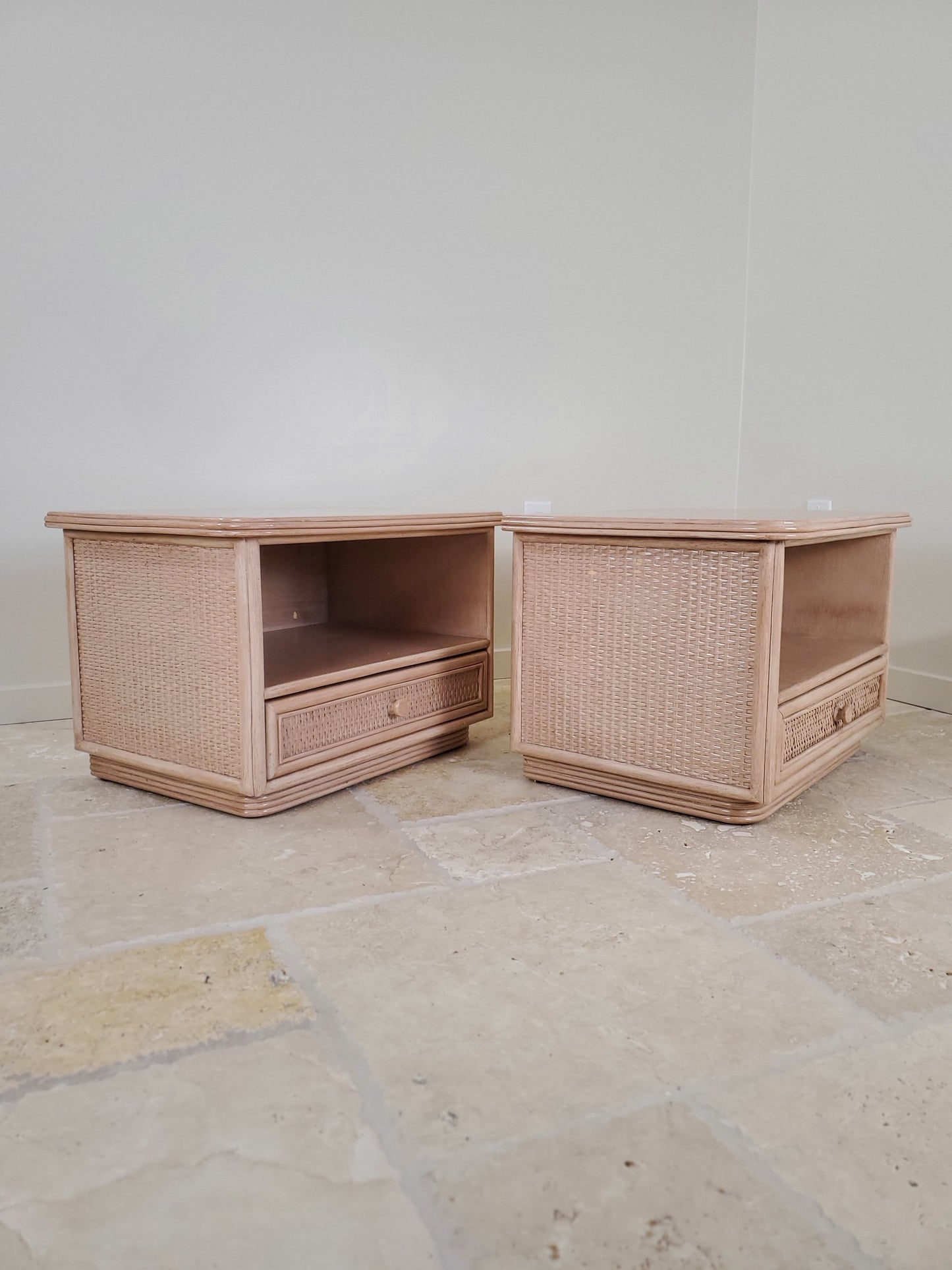 Split Reed Bamboo Coastal Low-Profile Oak Nightstands - Matching Pair