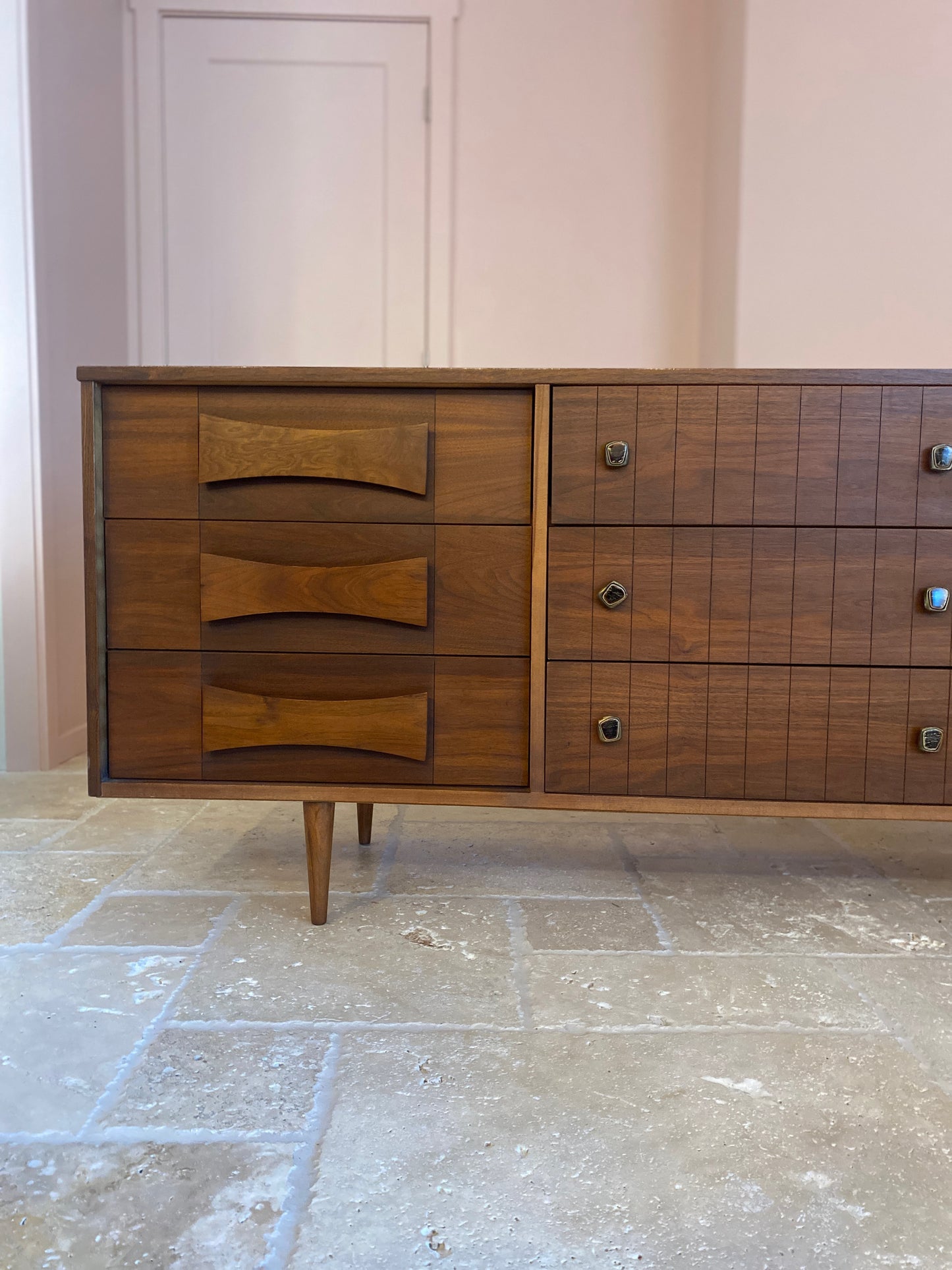 Mid Century Modern Dresser with Ceramic Brutalist pulls and Bow-Tie Handles