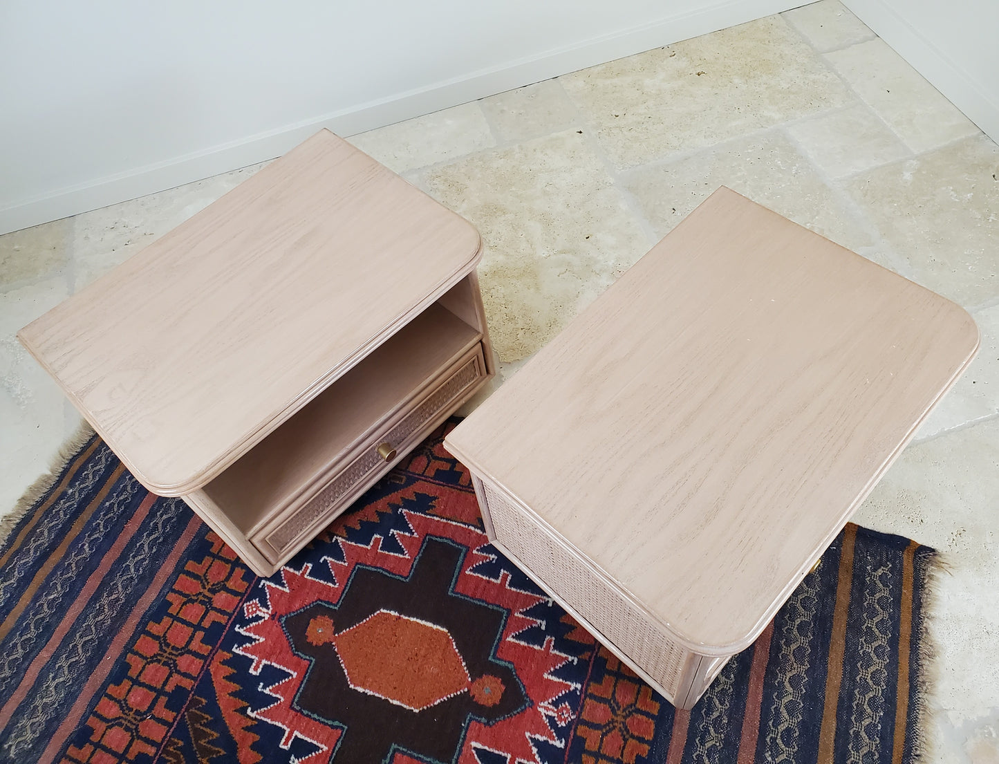 Split Reed Bamboo Coastal Low-Profile Oak Nightstands - Matching Pair