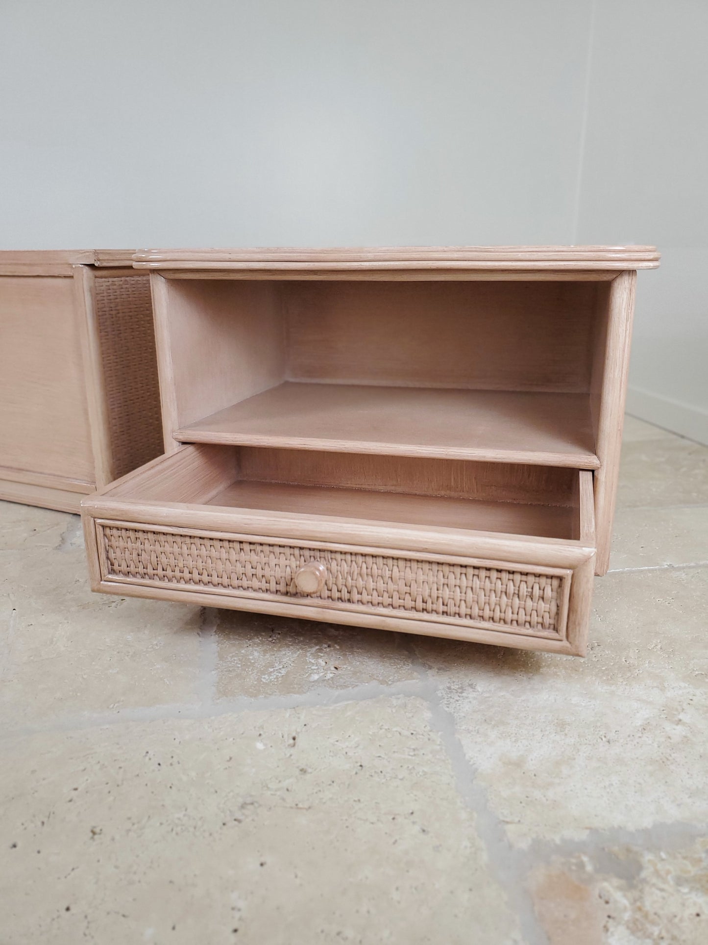 Split Reed Bamboo Coastal Low-Profile Oak Nightstands - Matching Pair