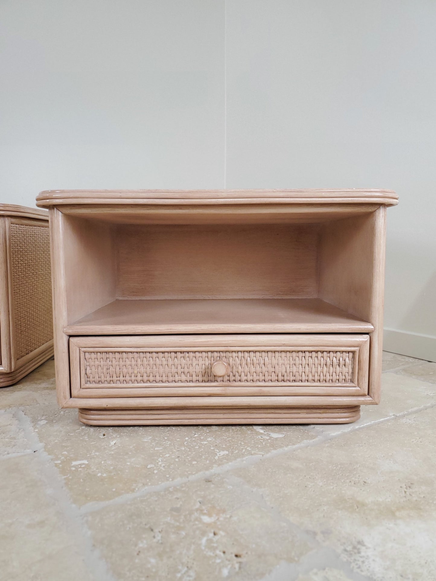 Split Reed Bamboo Coastal Low-Profile Oak Nightstands - Matching Pair