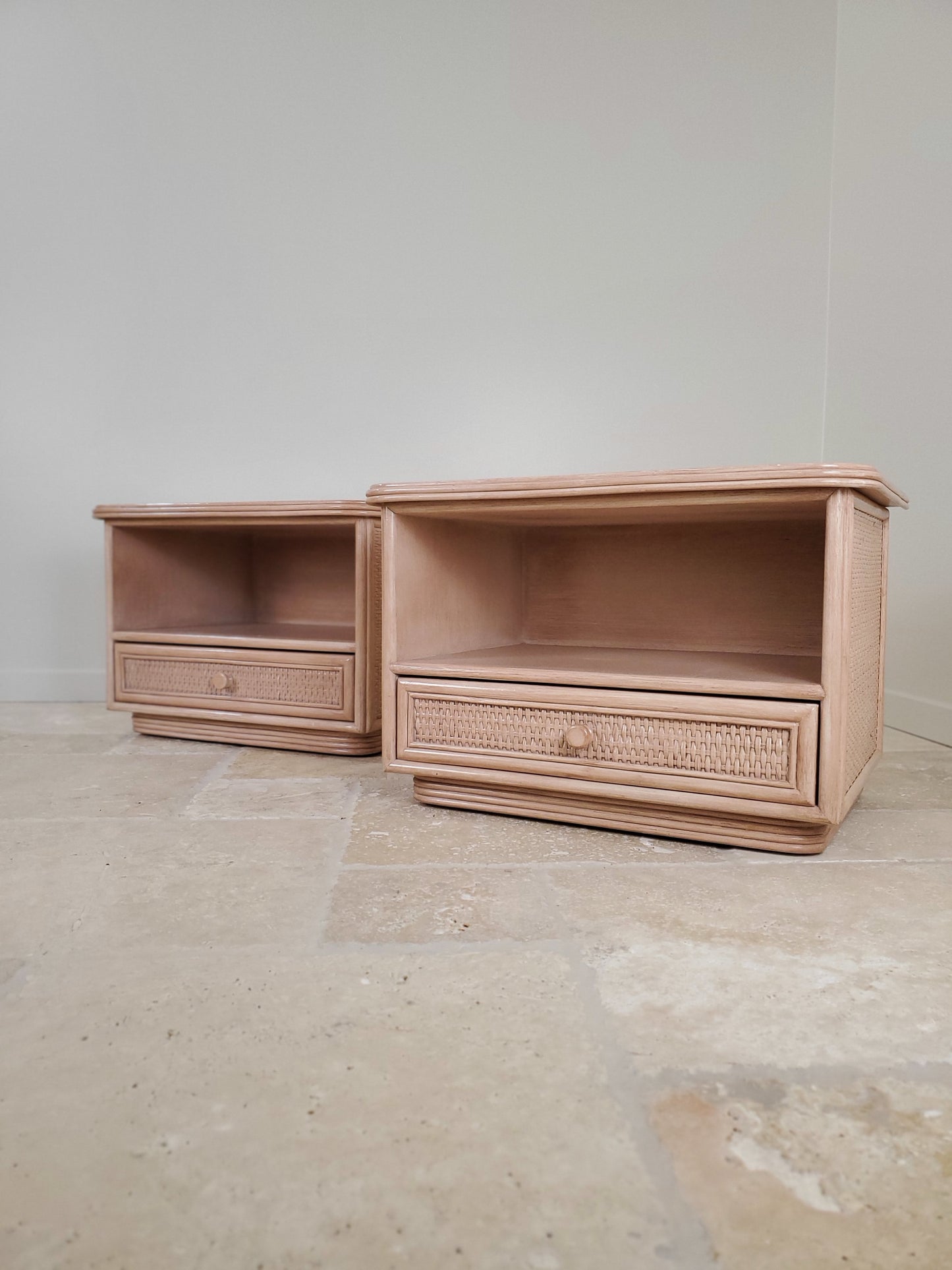 Split Reed Bamboo Coastal Low-Profile Oak Nightstands - Matching Pair