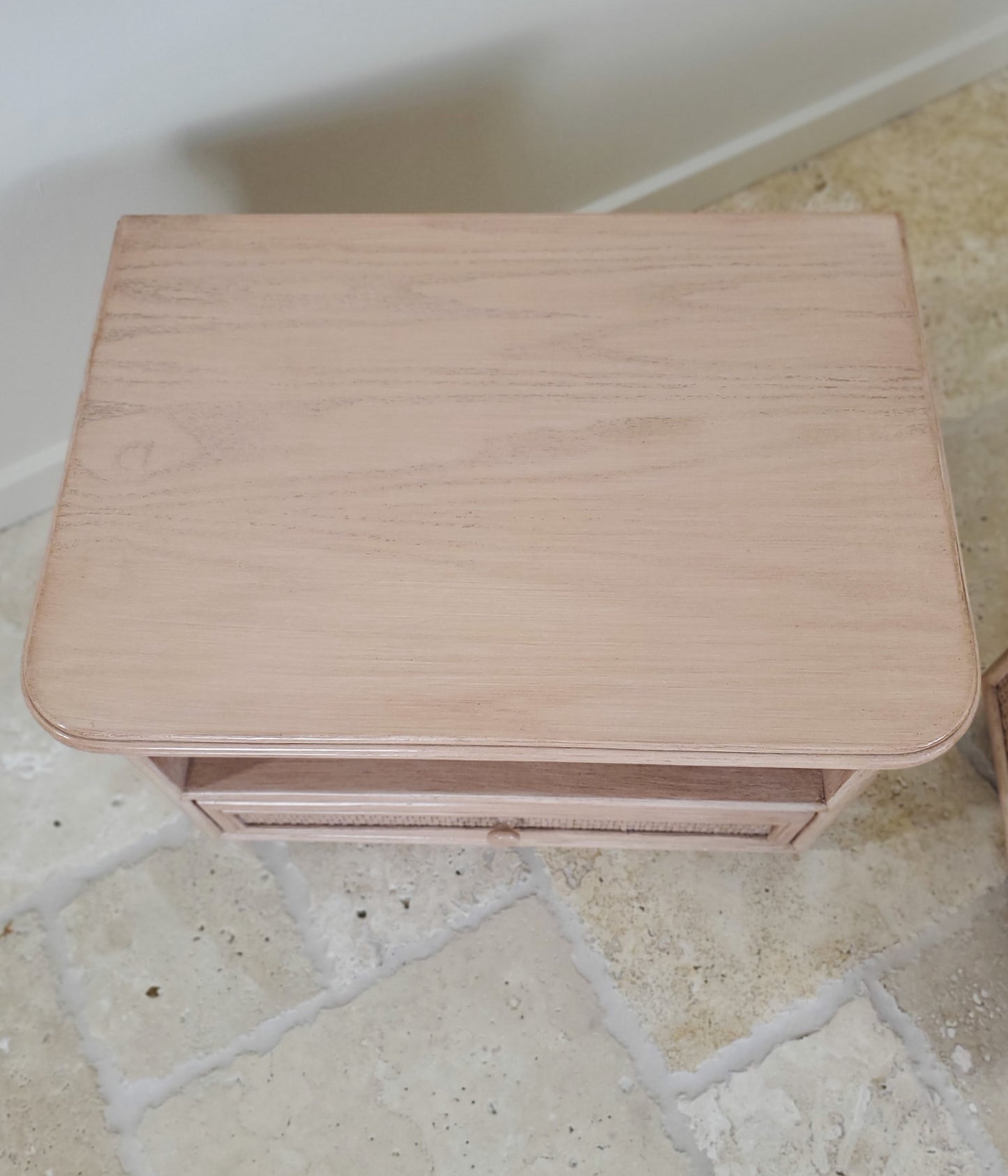 Split Reed Bamboo Coastal Low-Profile Oak Nightstands - Matching Pair