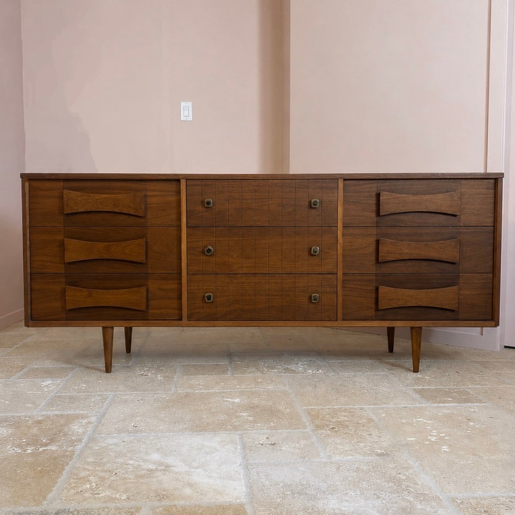 9 Drawer Walnut Dresser with Brutalist Pulls