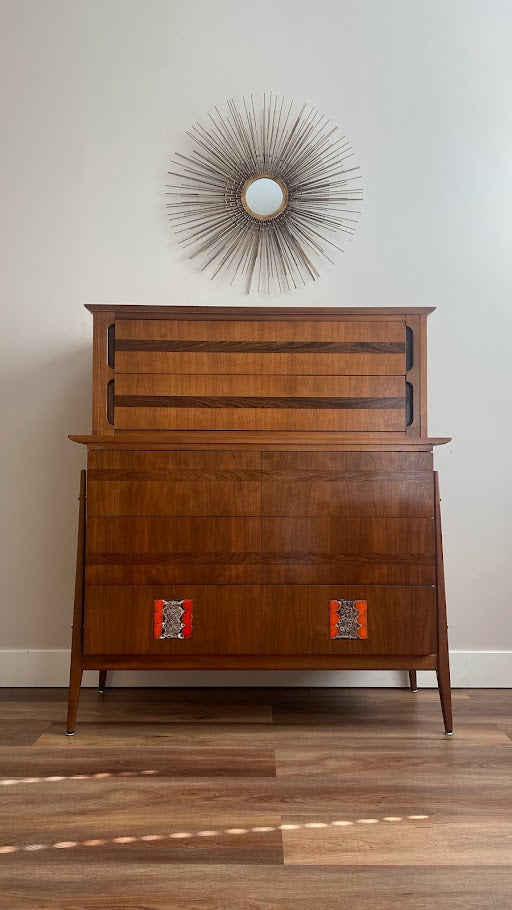 Mid-Century Modern Tall Dresser with Brutalist Tile Inlay