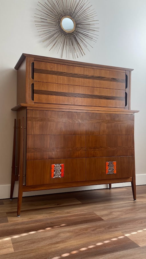 Mid-Century Modern Tall Dresser with Brutalist Tile Inlay