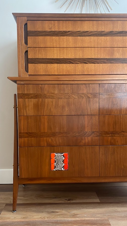 Mid-Century Modern Tall Dresser with Brutalist Tile Inlay