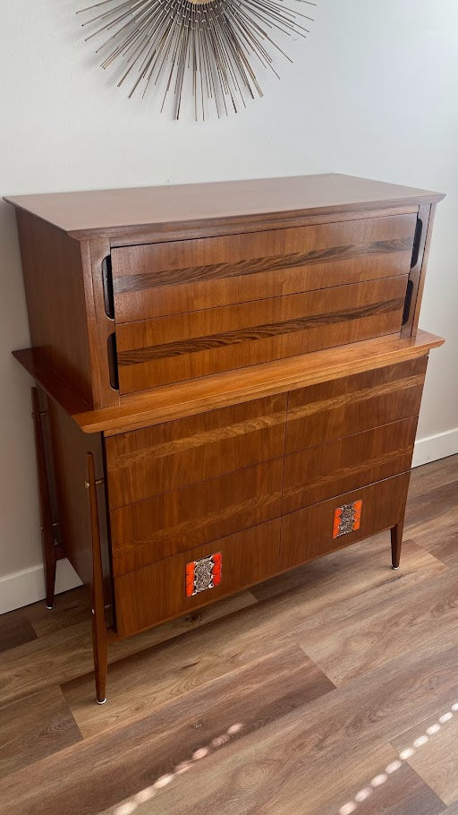 Mid-Century Modern Tall Dresser with Brutalist Tile Inlay