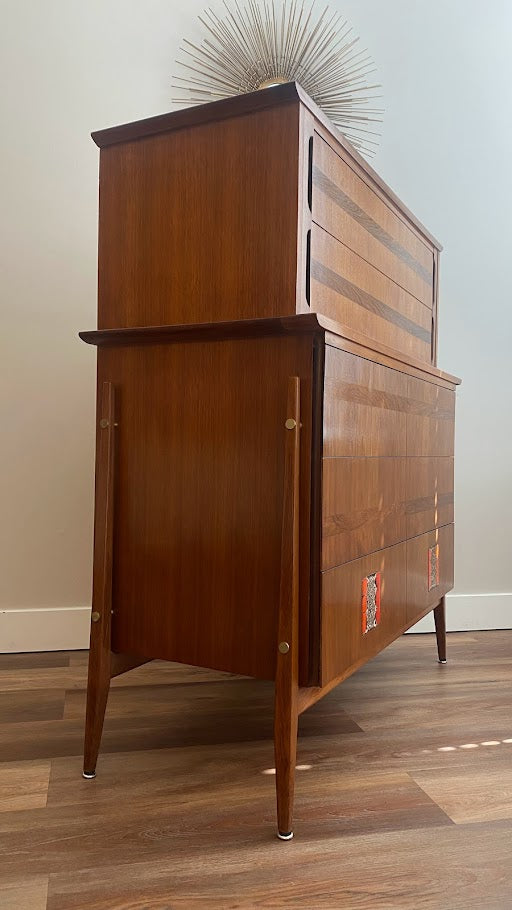 Mid-Century Modern Tall Dresser with Brutalist Tile Inlay