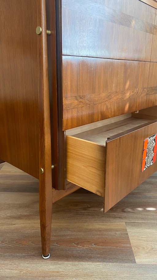 Mid-Century Modern Tall Dresser with Brutalist Tile Inlay