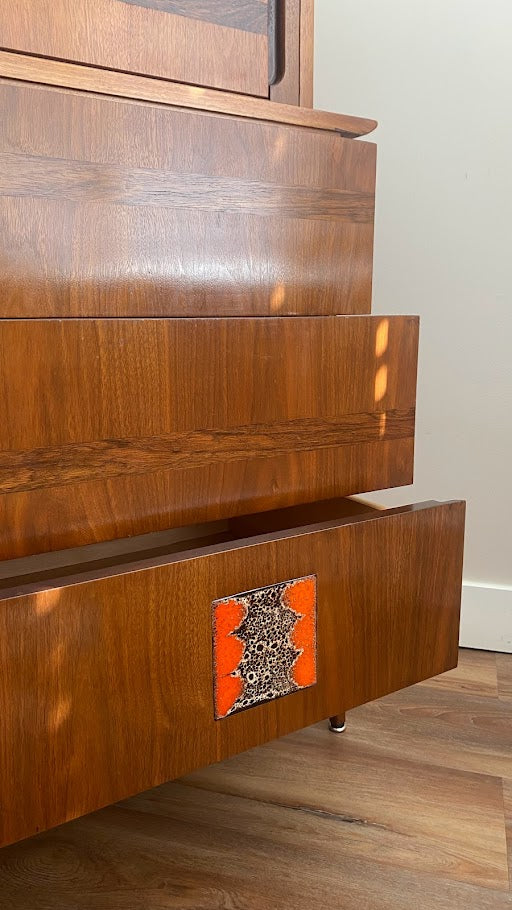 Mid-Century Modern Tall Dresser with Brutalist Tile Inlay