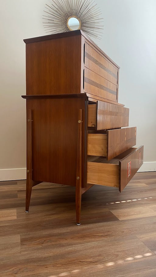 Mid-Century Modern Tall Dresser with Brutalist Tile Inlay