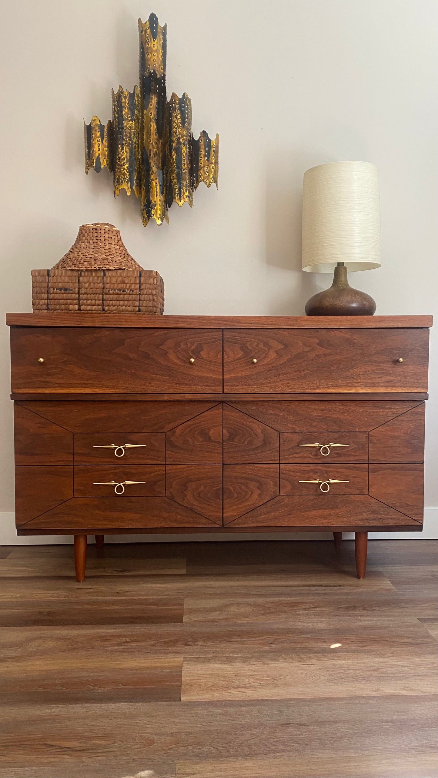 Mid Century Modern Refinished Walnut Dresser with Six Drawers