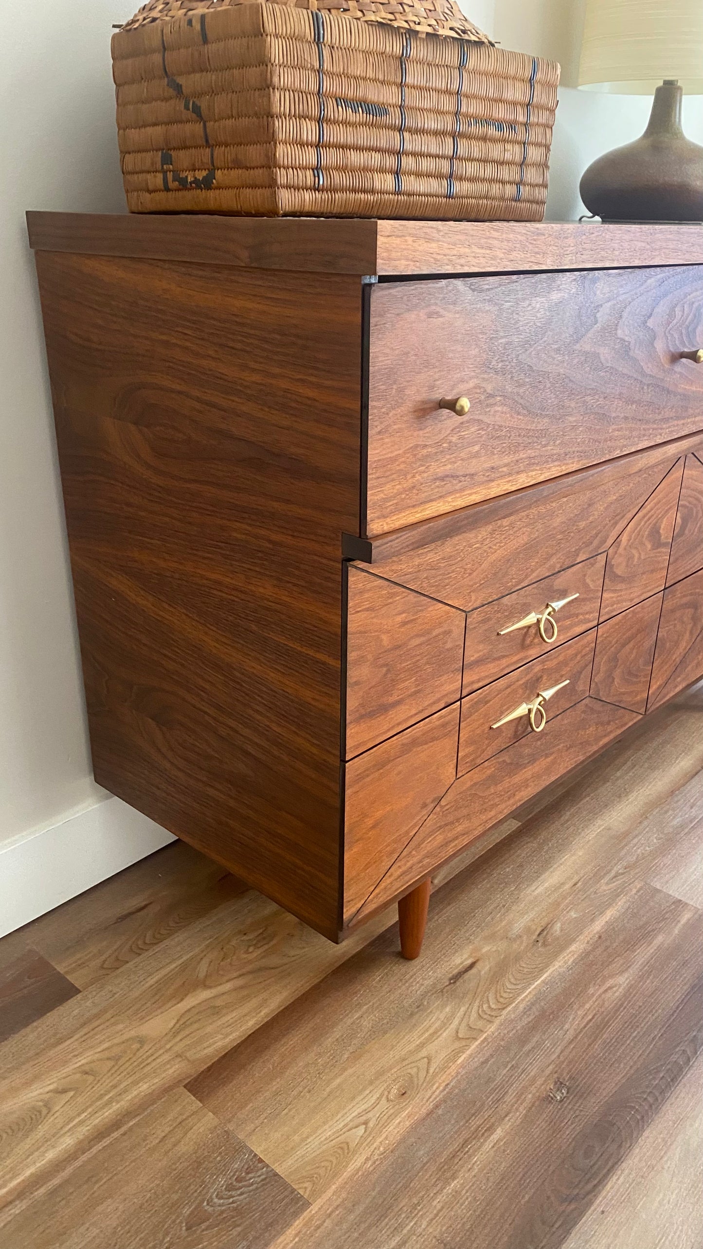 Mid Century Modern Refinished Walnut Dresser with Six Drawers