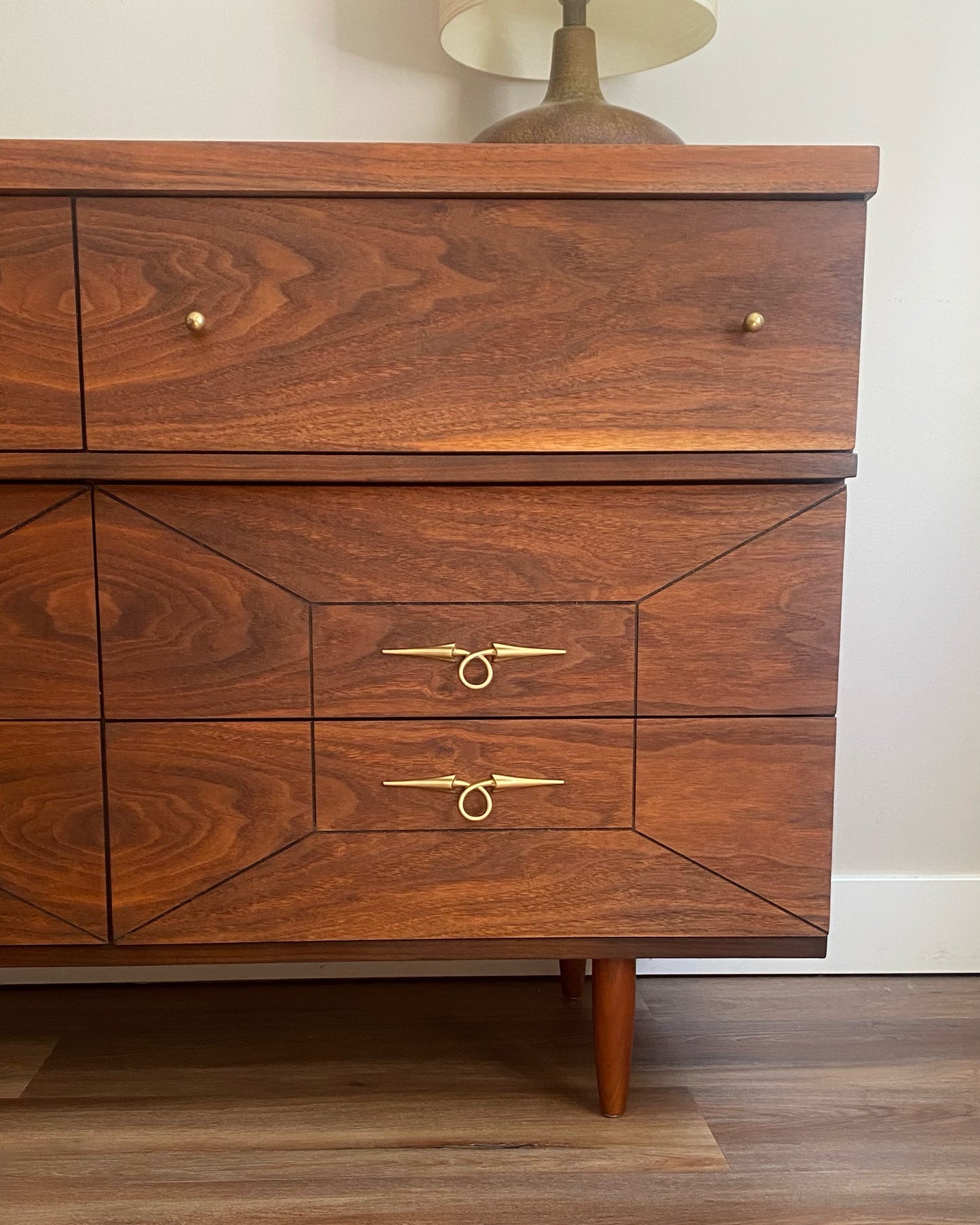 Mid Century Modern Refinished Walnut Dresser with Six Drawers