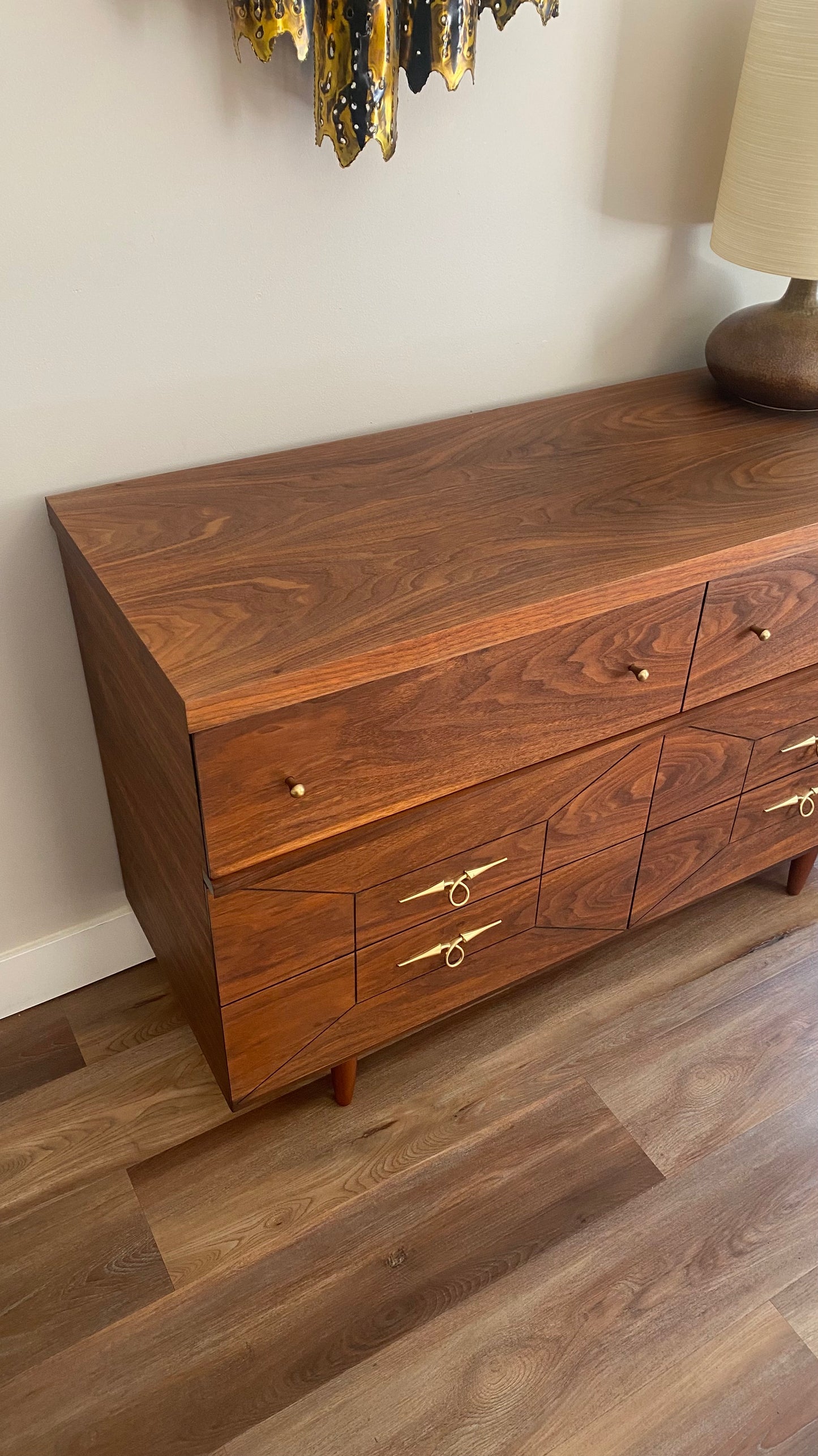 Mid Century Modern Refinished Walnut Dresser with Six Drawers