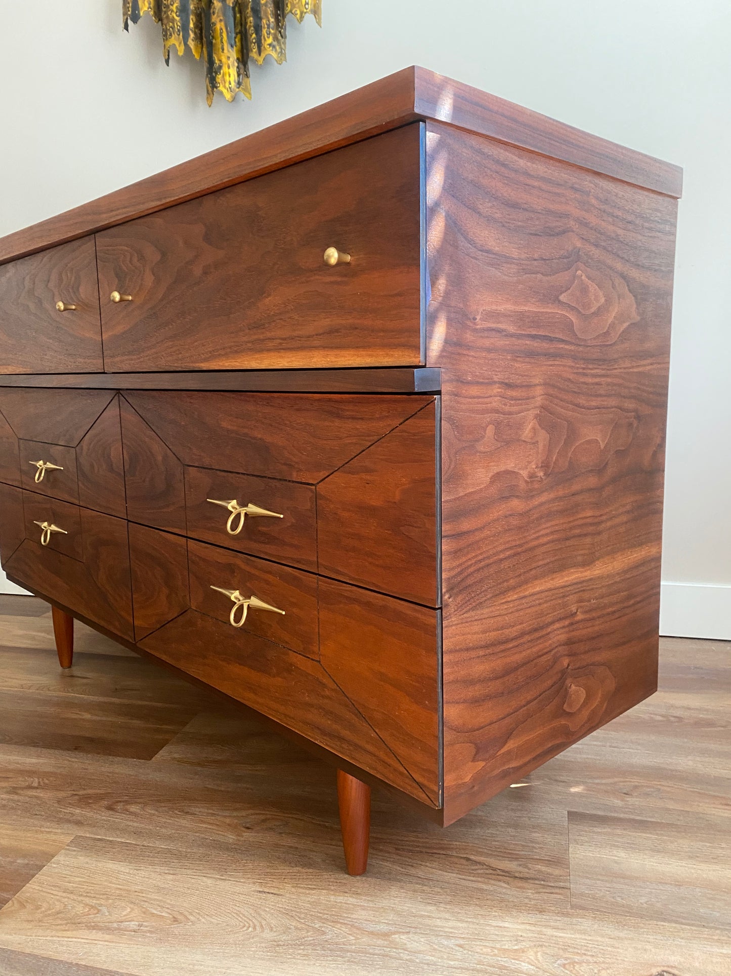 Mid Century Modern Refinished Walnut Dresser with Six Drawers