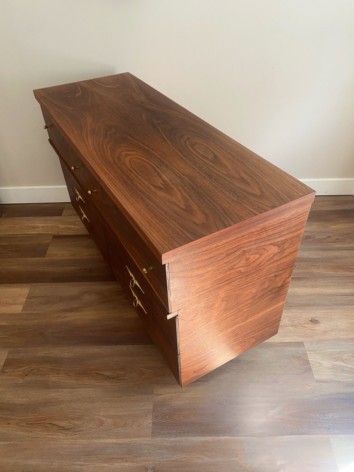 Mid Century Modern Refinished Walnut Dresser with Six Drawers