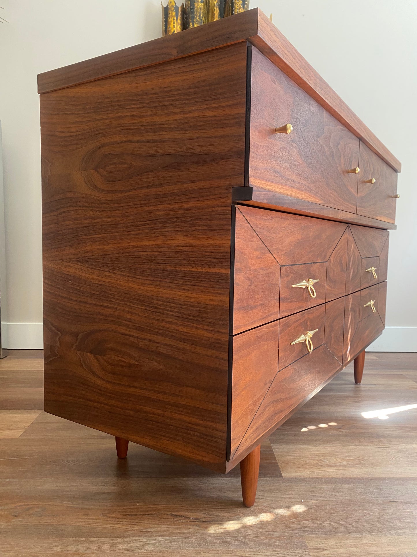 Mid Century Modern Refinished Walnut Dresser with Six Drawers