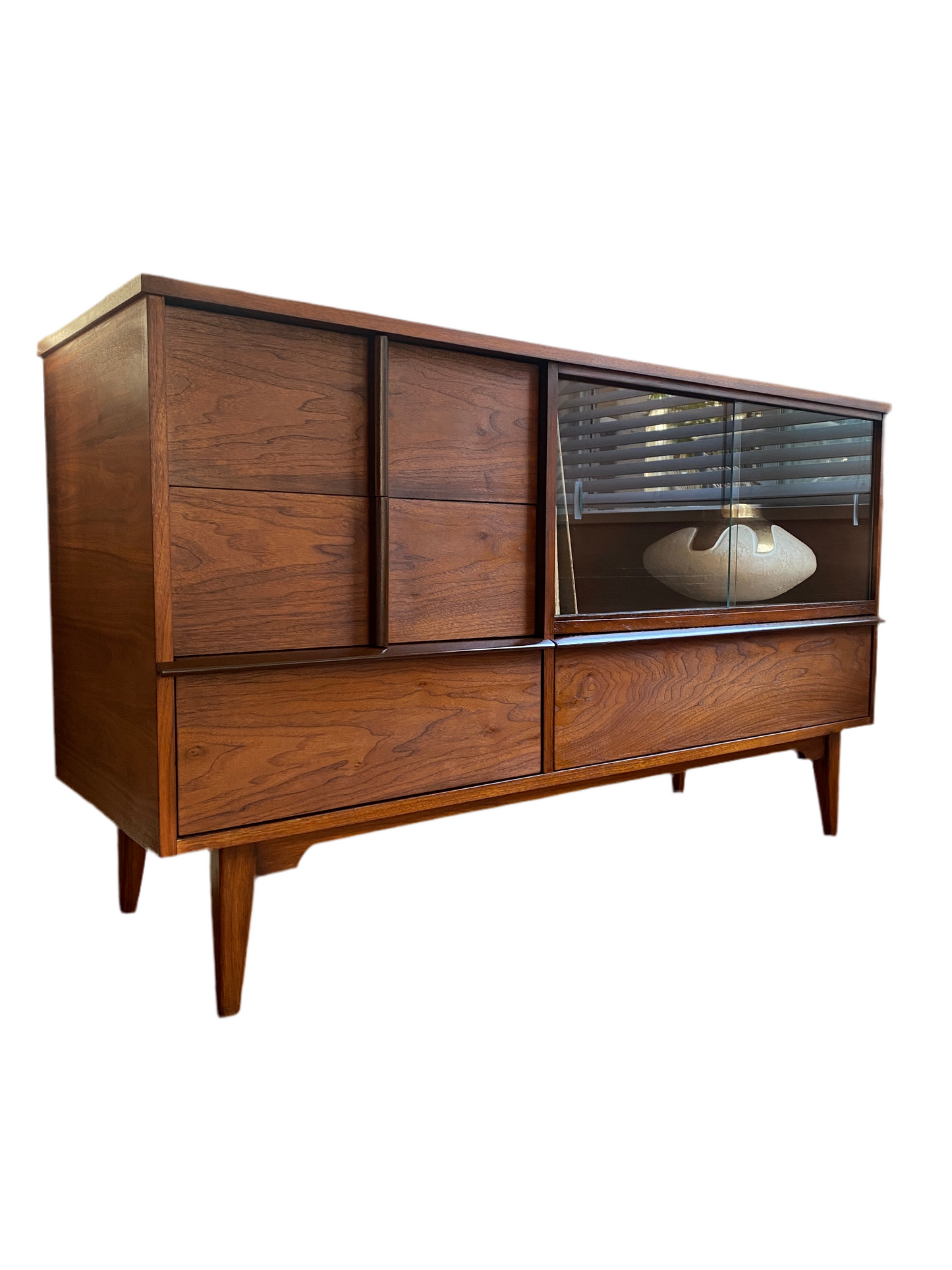 Mid Century Modern Walnut Credenza with Sliding Glass Doors