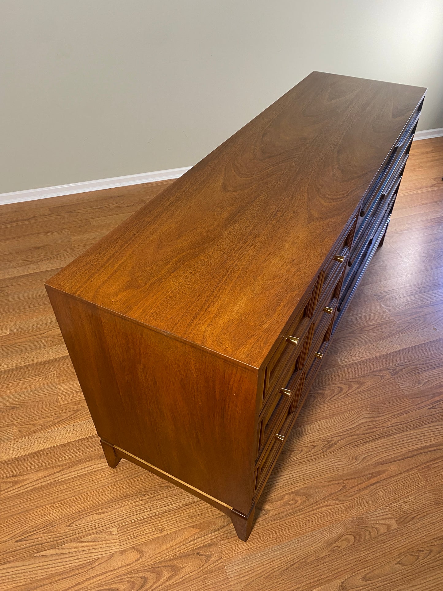 Mid Century Modern 6 Drawer Dresser with Burl Accents and Bespoke Drawer Pulls OOAK by Pepplers