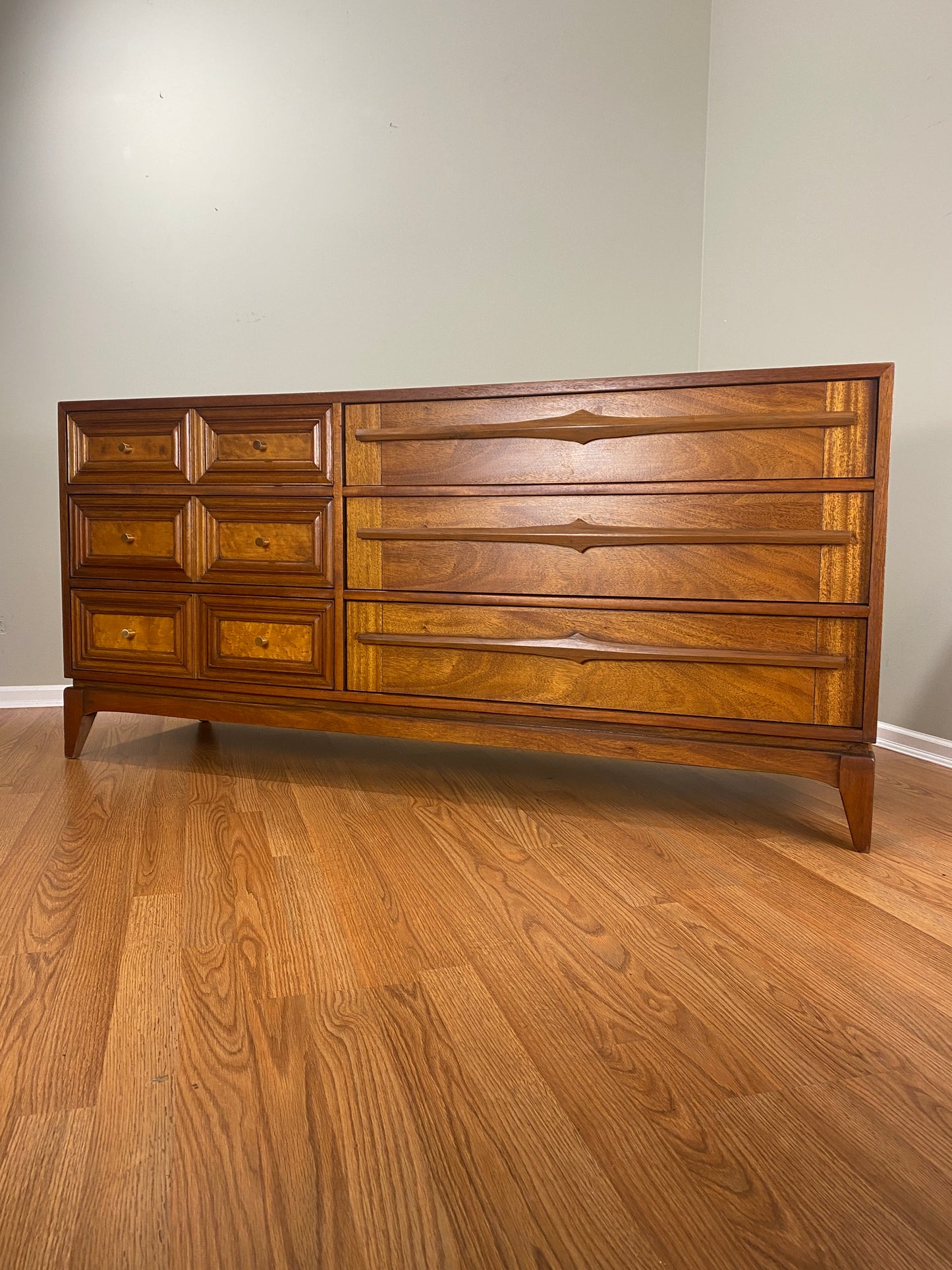 Mid Century Modern 6 Drawer Dresser with Burl Accents and Bespoke Drawer Pulls OOAK by Pepplers