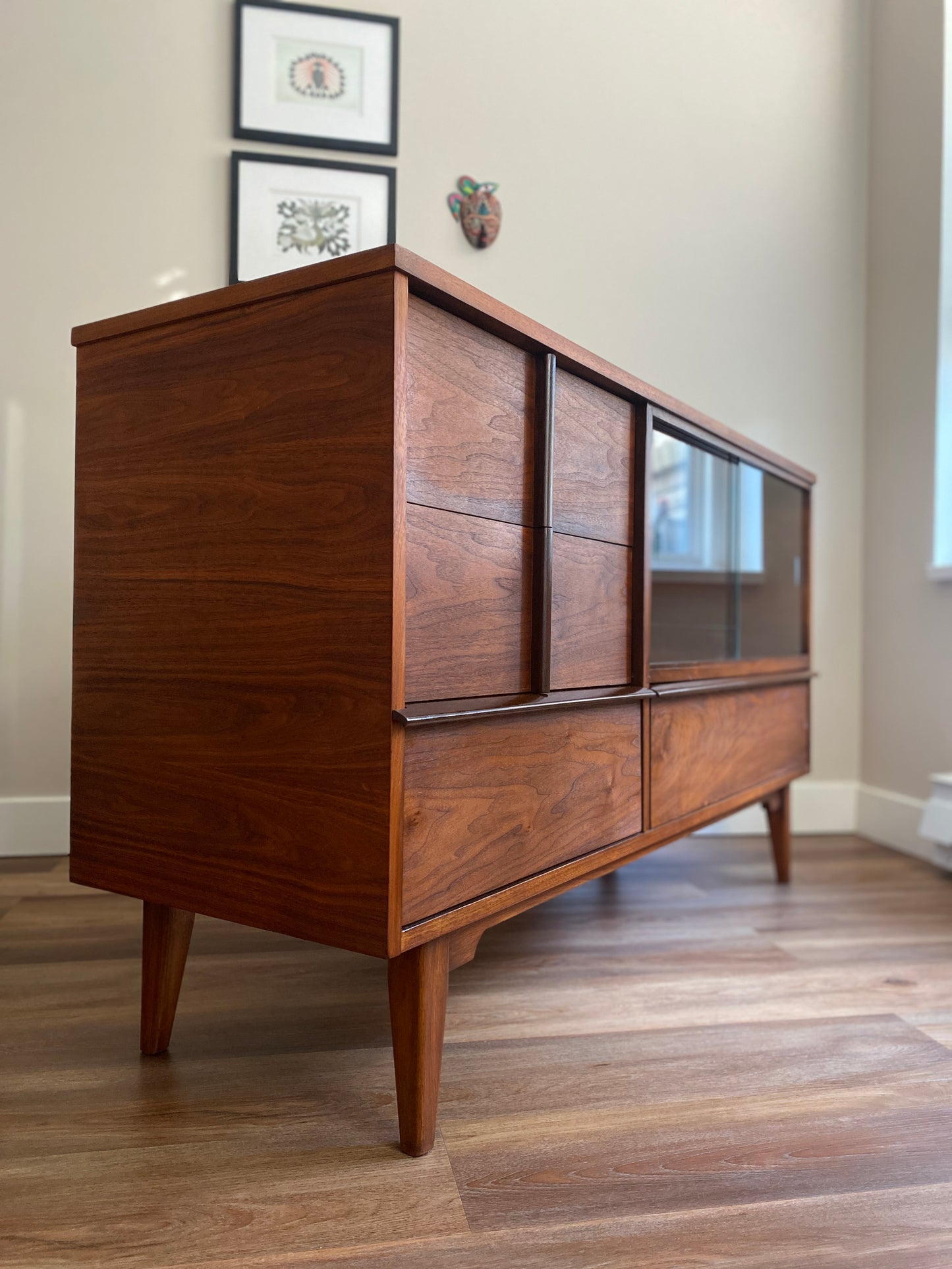 Mid Century Modern Walnut Credenza with Sliding Glass Doors