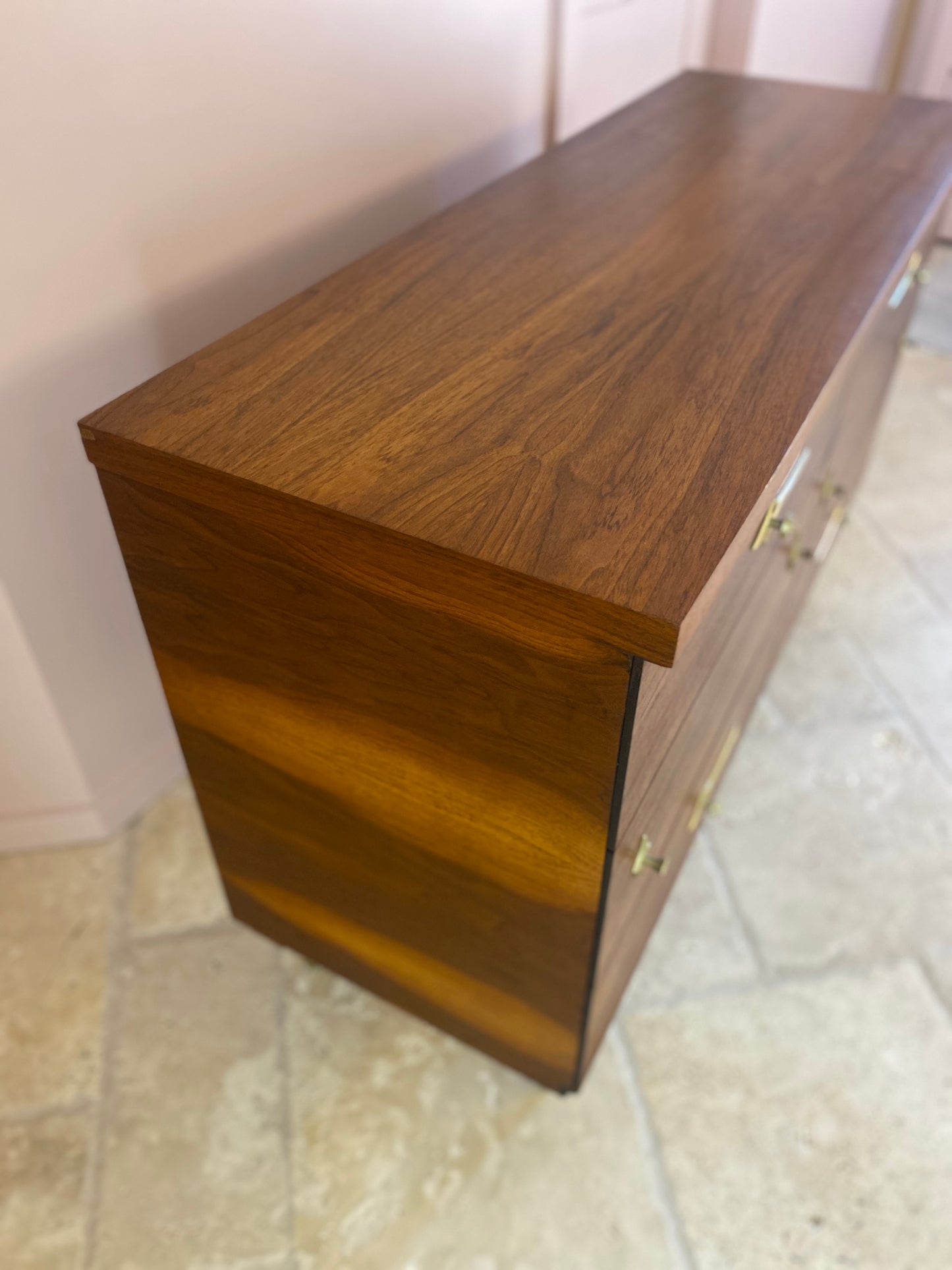 Mid Century Modern Walnut Dresser with Original Atomic Starburst Hardware