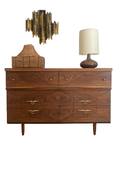 Mid Century Modern 6 Drawer Dresser with Gold Pulls