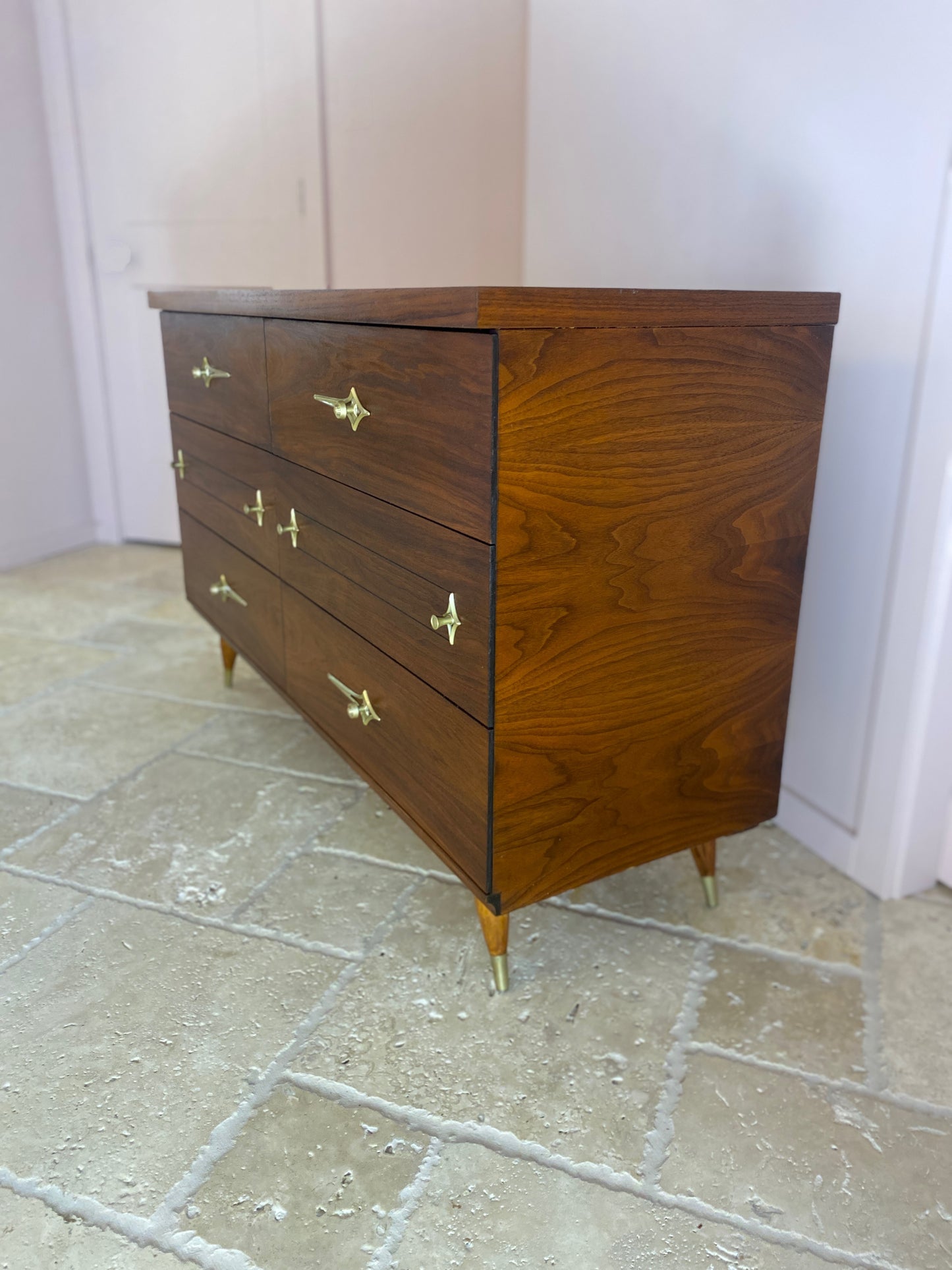 Mid Century Modern Walnut Dresser with Original Atomic Starburst Hardware