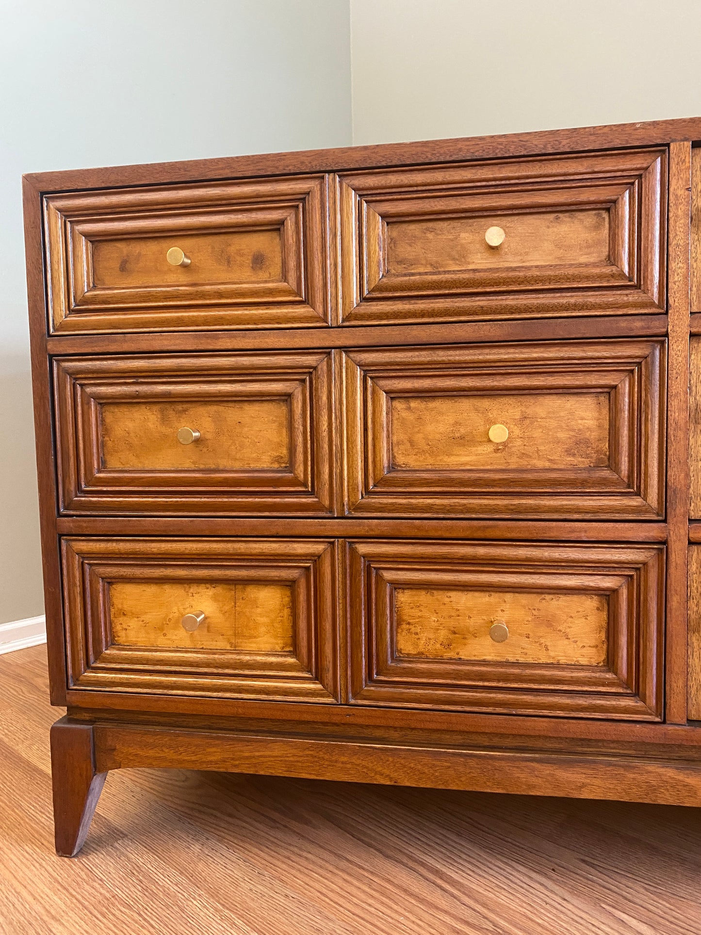 Mid Century Modern 6 Drawer Dresser with Burl Accents and Bespoke Drawer Pulls OOAK by Pepplers