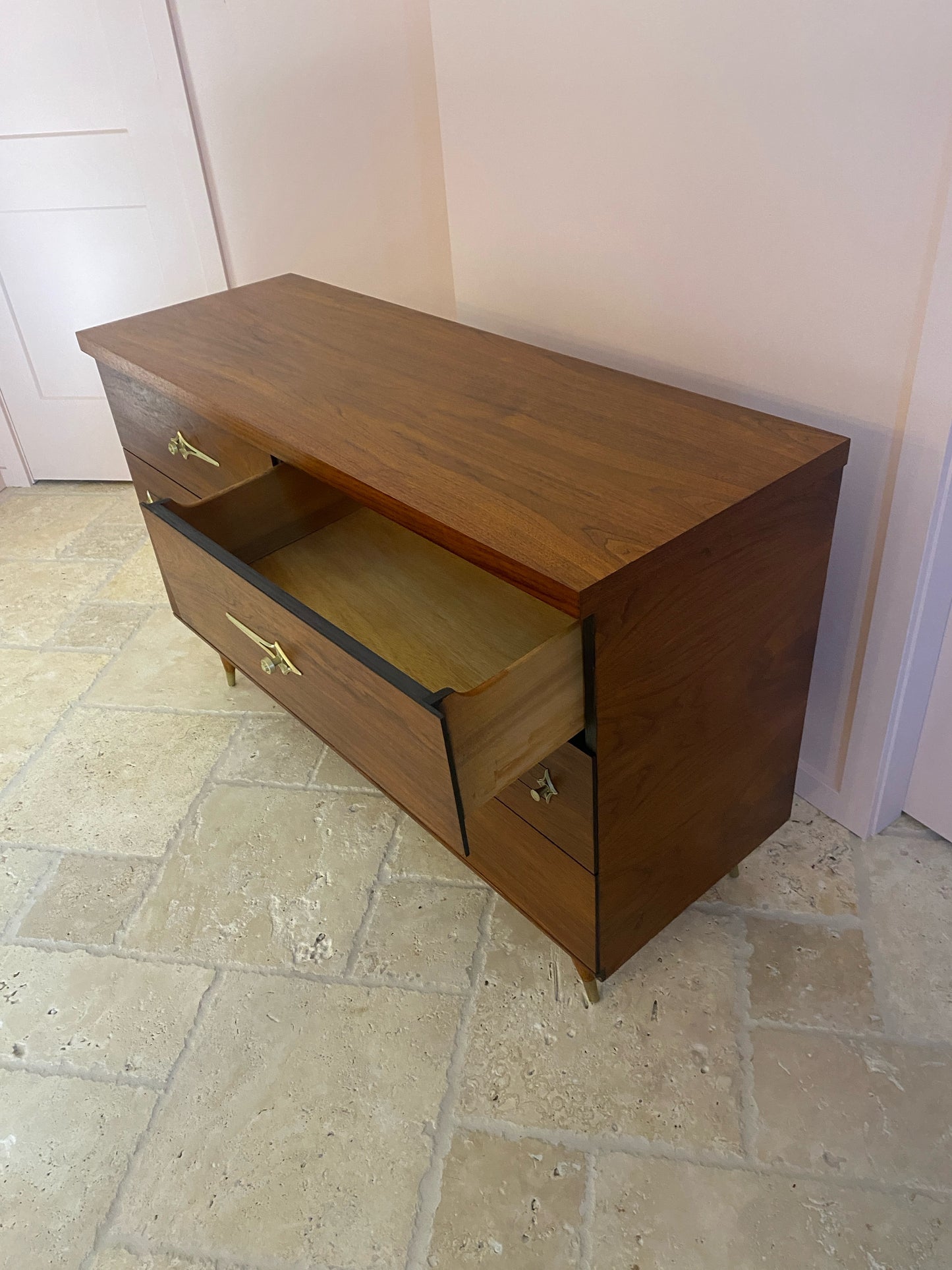 Mid Century Modern Walnut Dresser with Original Atomic Starburst Hardware