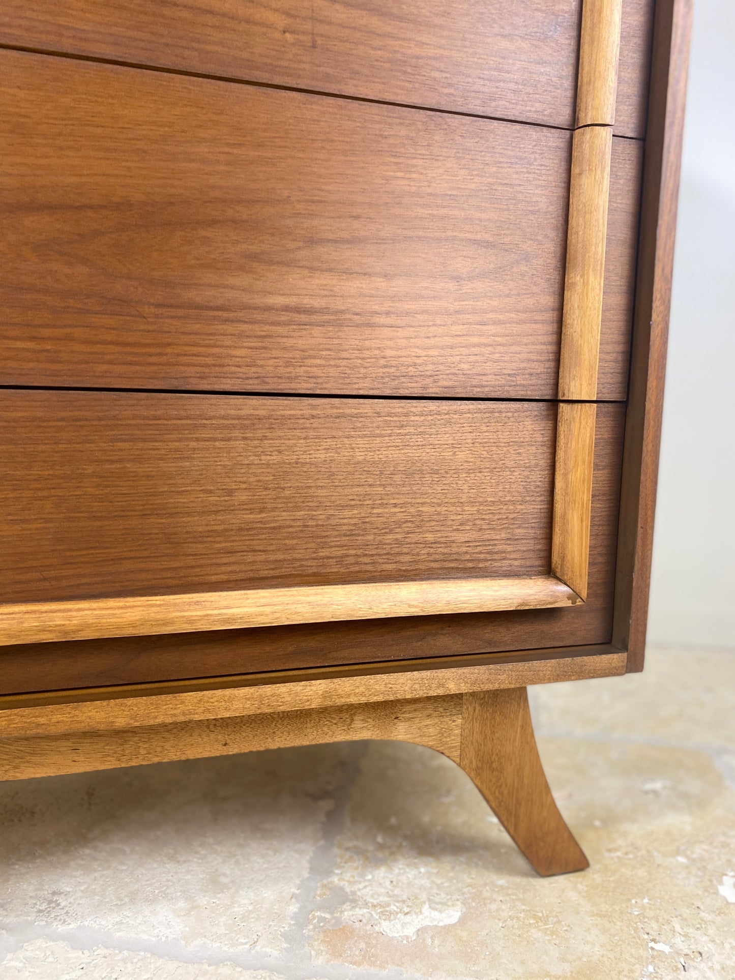 Mid Century Modern Tall Walnut Dresser with front angled legs and 4 drawers