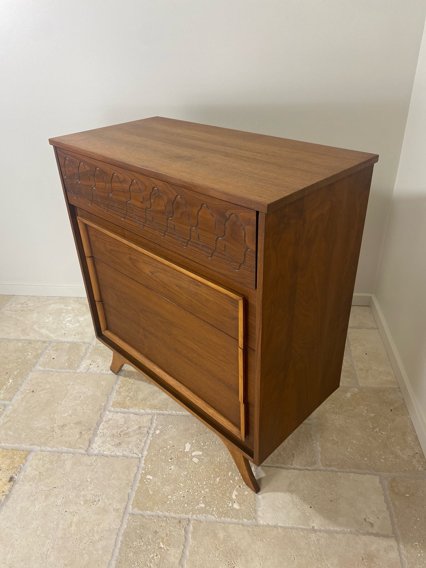 Mid Century Modern Tall Walnut Dresser with front angled legs and 4 drawers