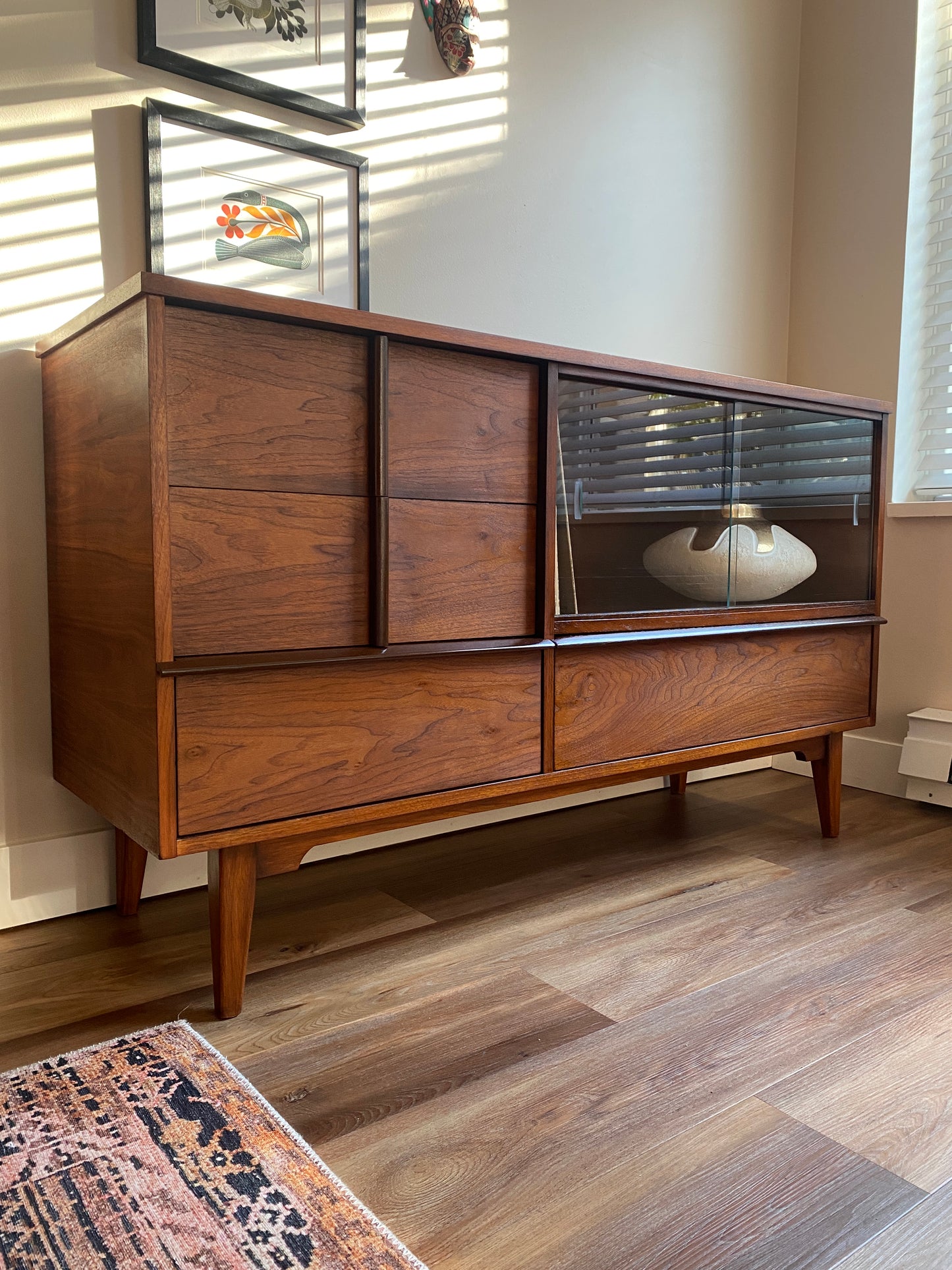 Mid Century Modern Walnut Credenza with Sliding Glass Doors