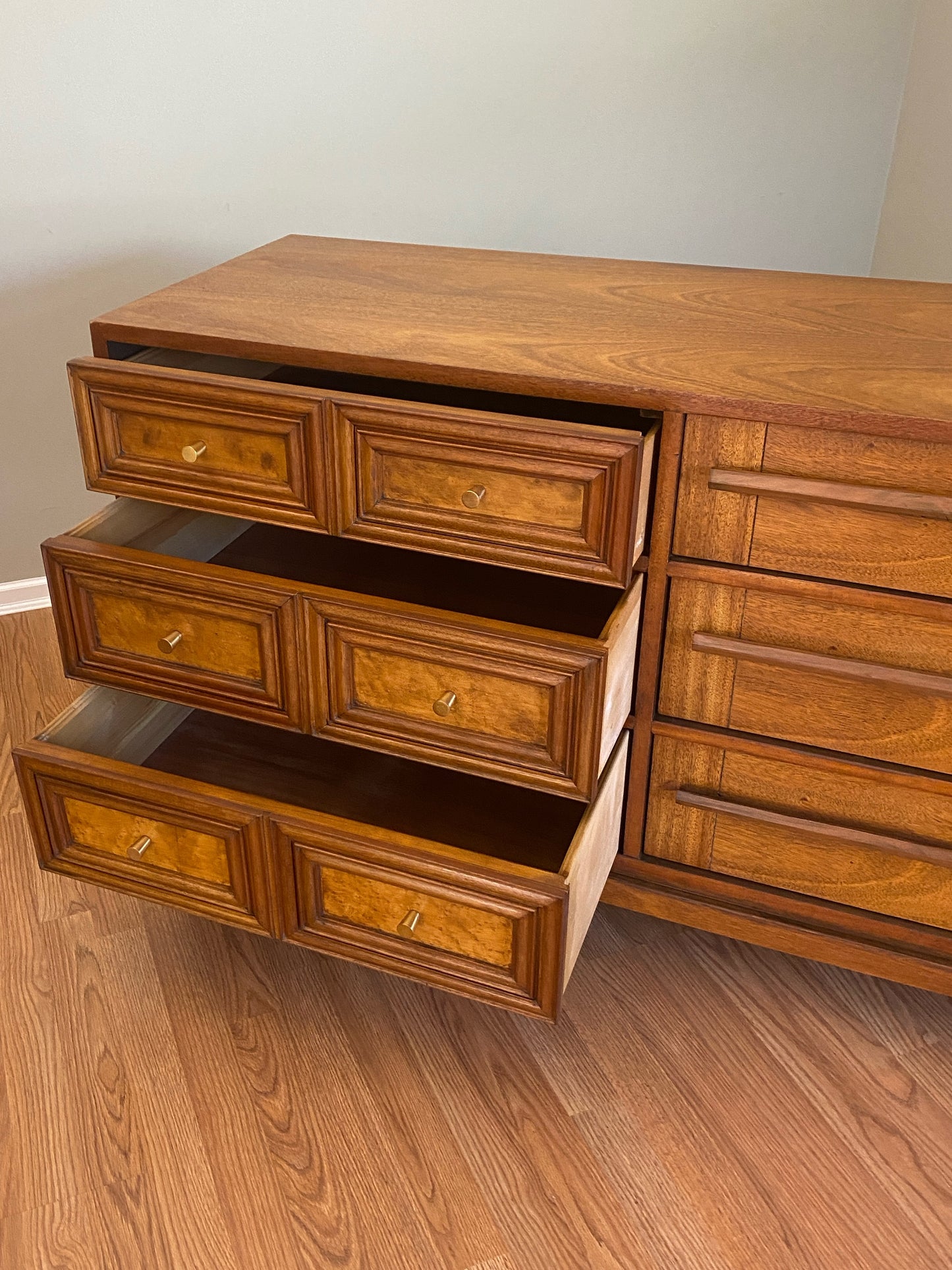 Mid Century Modern 6 Drawer Dresser with Burl Accents and Bespoke Drawer Pulls OOAK by Pepplers