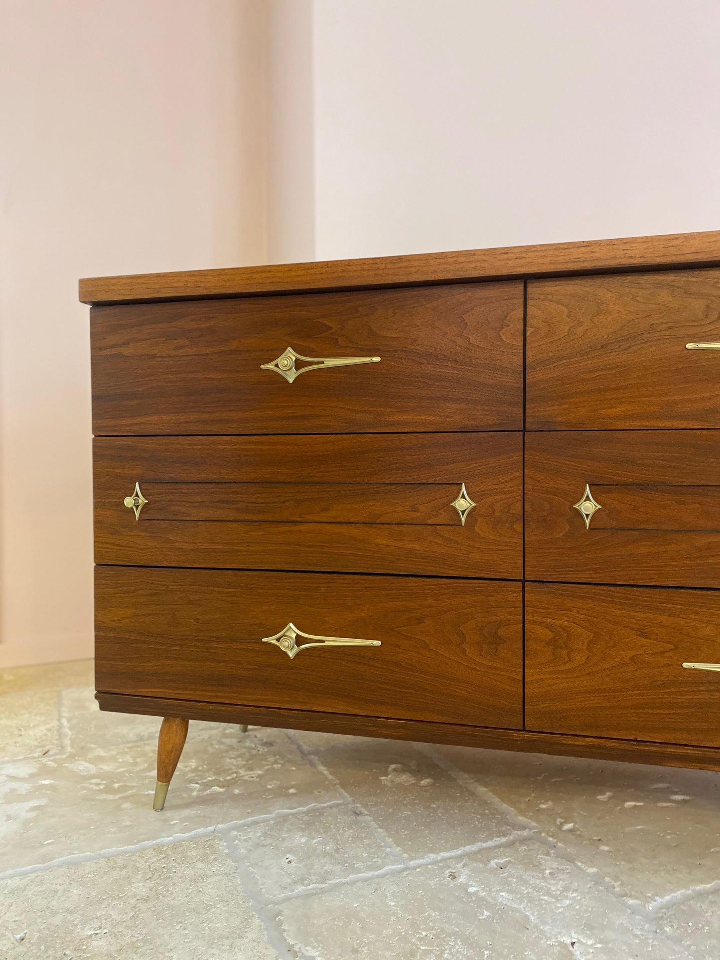 Mid Century Modern Walnut Dresser with Original Atomic Starburst Hardware